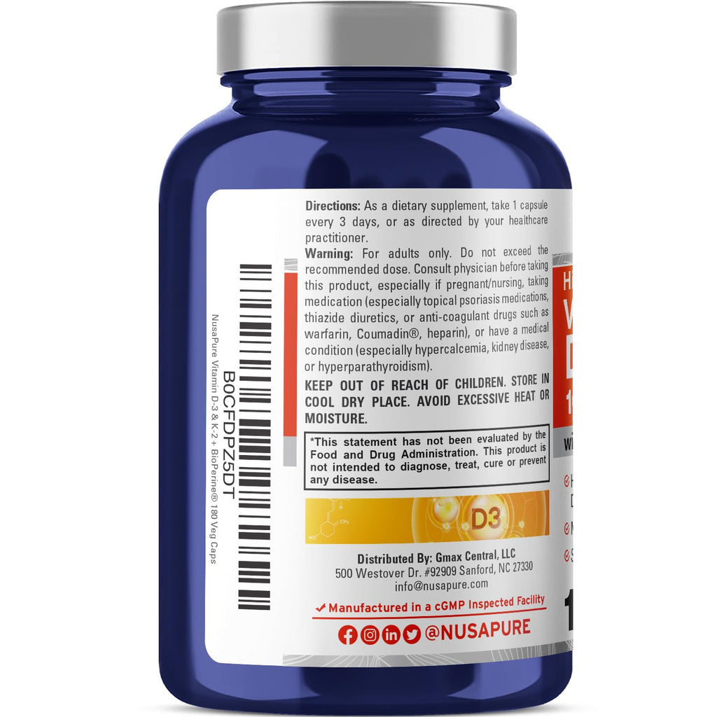 NusaPure Vitamin K2 (MK7) (200mcg) + Vitamin D3 (10000 IU) 180 Veg Caps - Bioperine, Soyfree, Non-GMO NusaPure Au supplements
