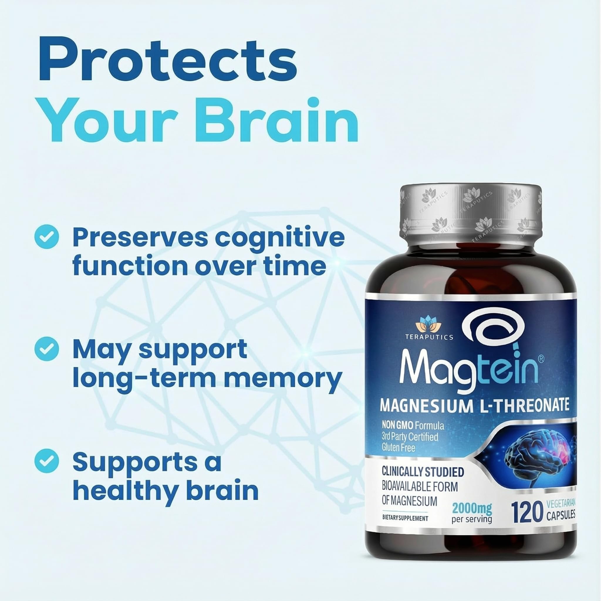 Magnesium L Threonate, Magtein, Brain Supplement for Memory, Focus, Sleep and Cognitive Support, High Absorption Magnesium L-Threonate, Non-GMO
