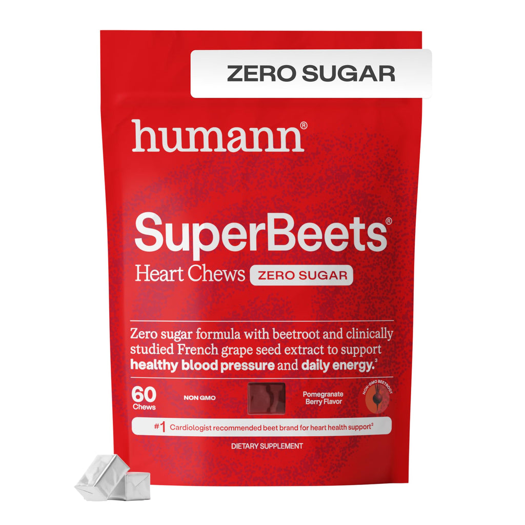 Humann SuperBeets Heart Chews Zero Sugar, Beet Root Supplement, Energy, Nitric Oxide and Blood Pressure Support, Grape Seed Extract & Non-GMO