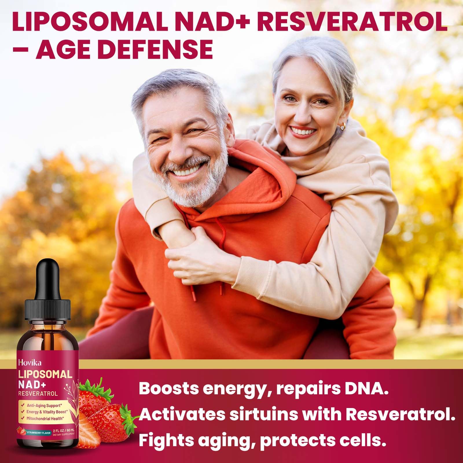 Liposomal NAD Supplement - 1200mg NAD+ Liquid Drops for Women & Men with Resveratrol, Black Pepper Extract - Support Anti-Aging, Brain & Cellular Mitochondrial Health - 2 Fl Oz, Strawberry Flavor Hovika Au supplements
