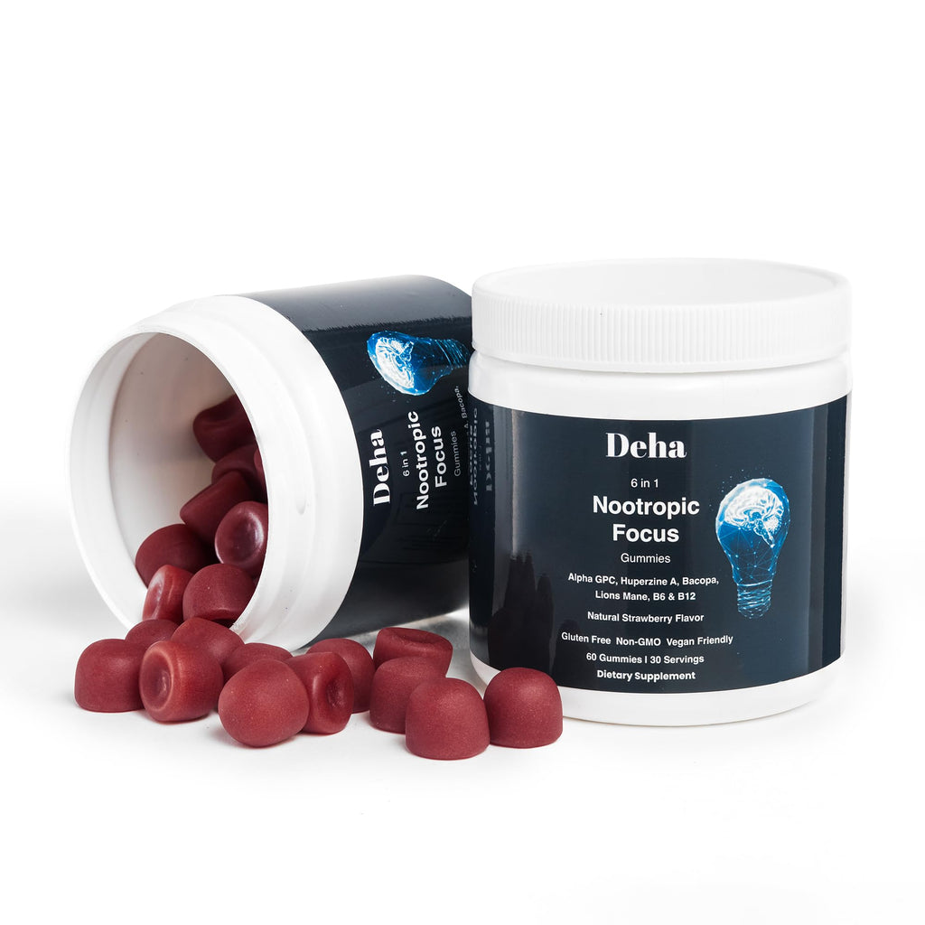 Deha Focus Gummies Nootropic Brain Supplement with Vitamin B6 Vitamin B12, Alpha GPC, Huperzine A, Bacopa Monnieri, Lions Mane Mushroom Gummies – Vegan, Non-GMO, Gluten-Free – 60 Gummies Deha Au supplements
