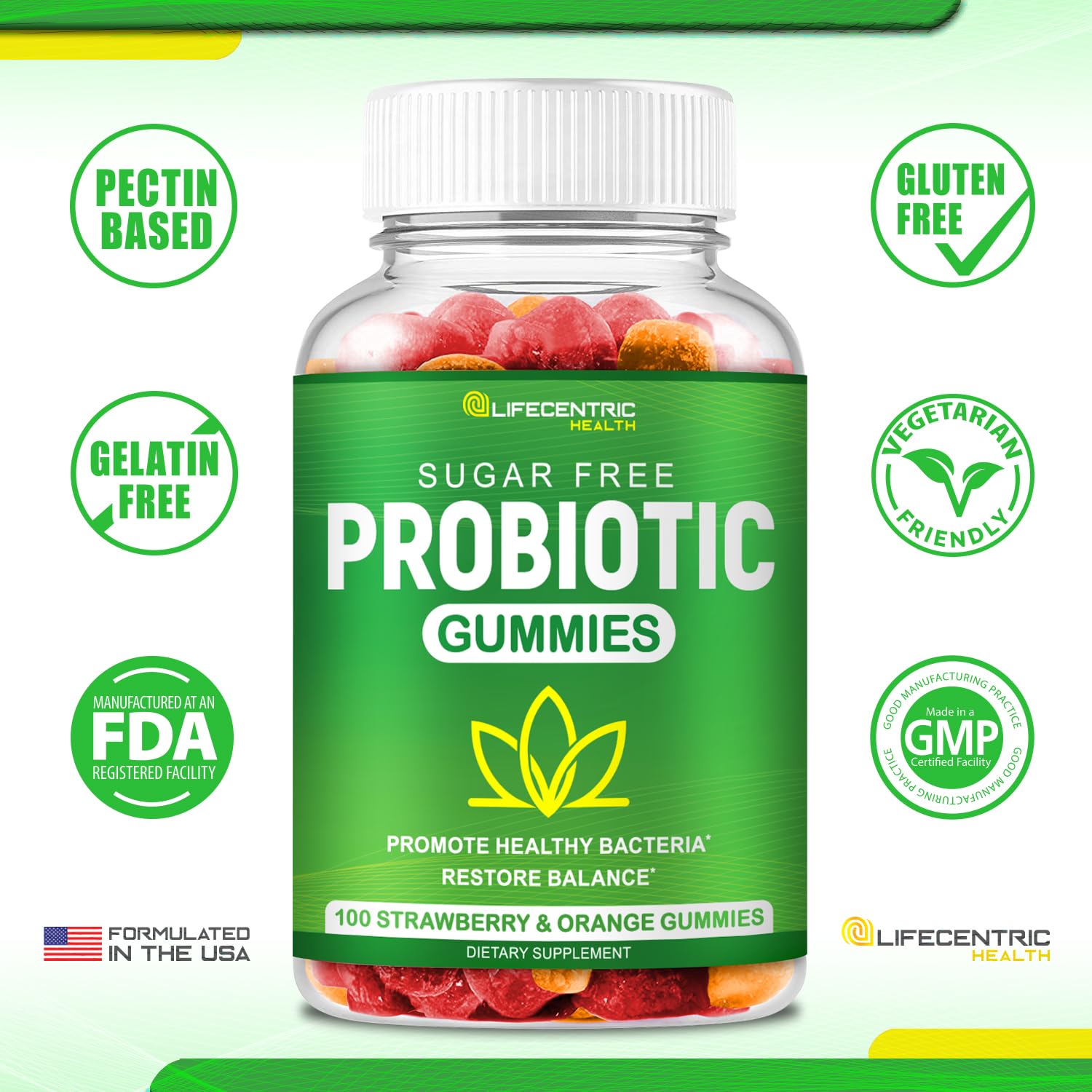 Probiotic Gummies for Adults and Kids Max Strength 5 Billion CFU | Organic Sugar Free Gummies for Digestive Health | 100 Count Vegan Gluten Free Chewable Probiotics