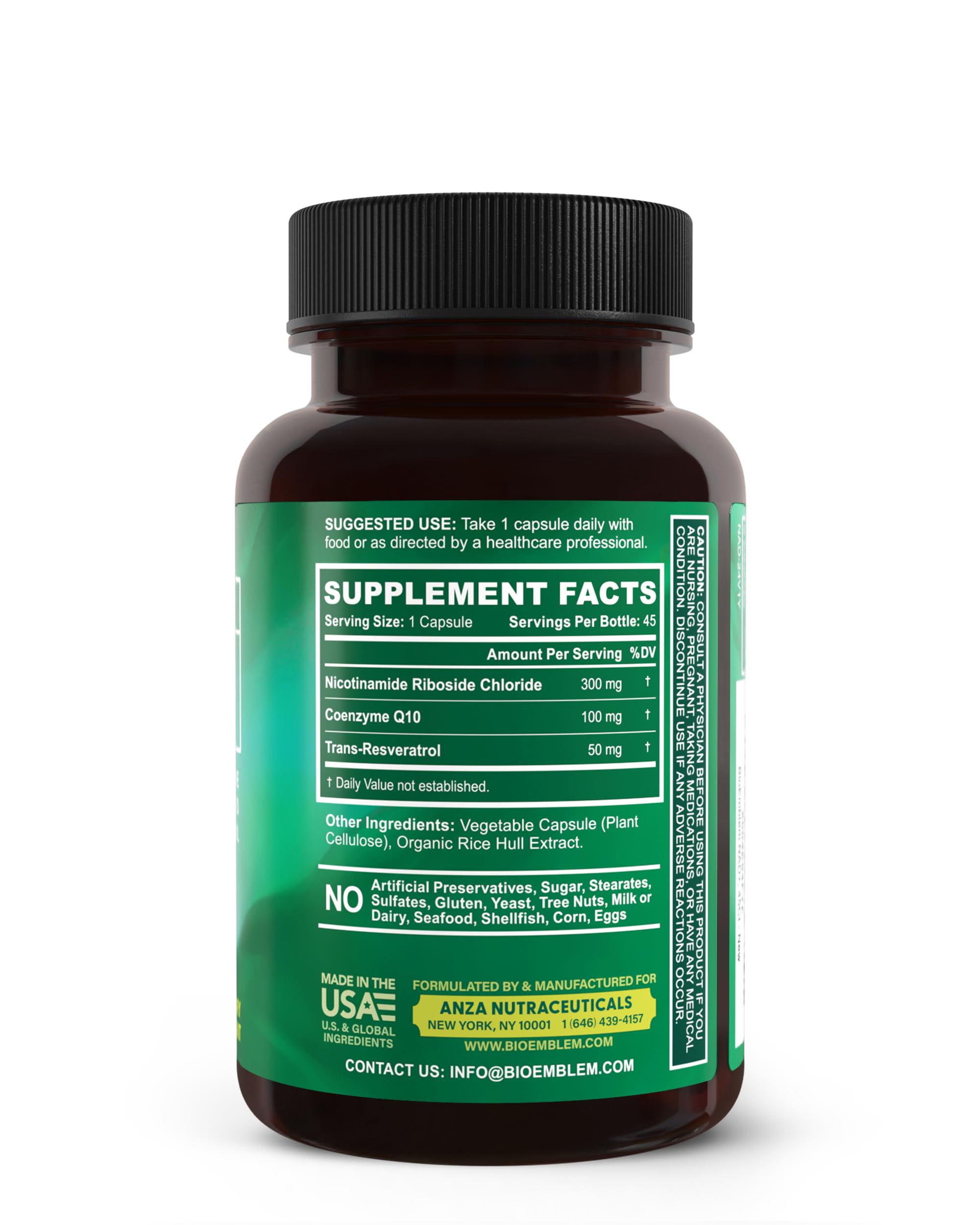 BioEmblem NAD+ Supplement | 300 mg Nicotinamide Riboside with CoQ10 & Resveratrol | Supports Healthy Aging, Cellular Energy and Cognitive Function | Non-GMO, Gluten Free - 45 Capsules BioEmblem Au supplements