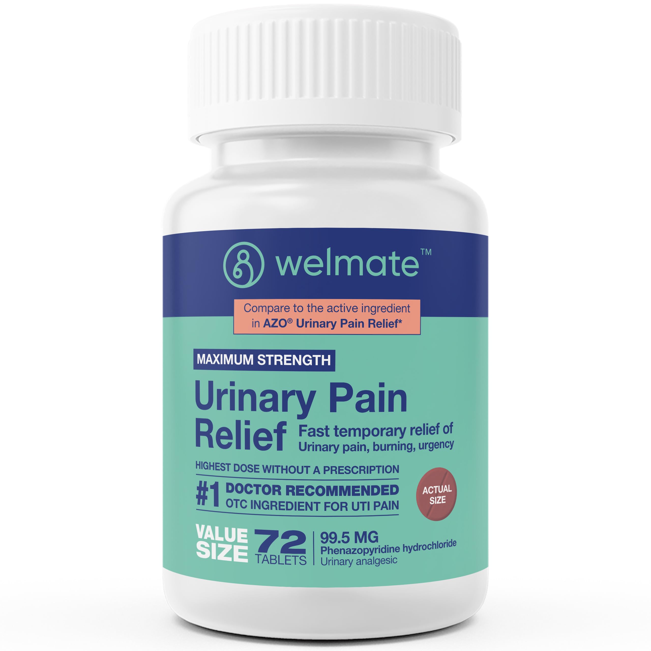 WELMATE Urinary Pain UTI Relief Maximum Strength (Phenazopyridine HCL) - Improve Urinary Tract Health & Bladder Control, Urgency, & Discomfort | Over-The-Counter Medication for Men & Women (72 Pills) WELMATE Au supplements