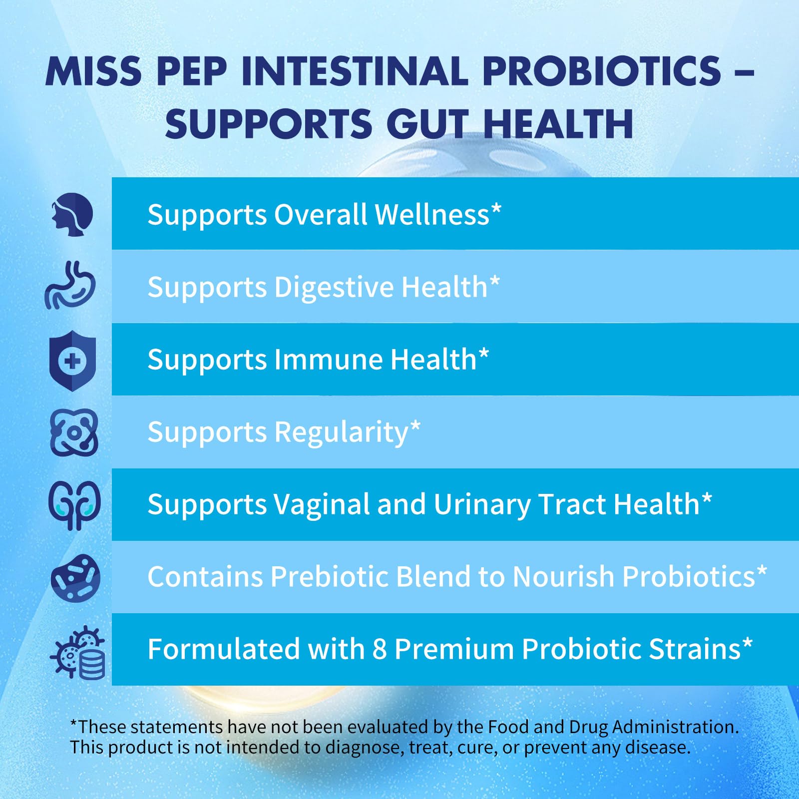 MISS PEP Probiotics 50 Billion CFU - 8 Unique Strains + 3 Prebiotics - Immune, Digestive & Gut Health - Supports Occasional Constipation, Diarrhea, Gas & Bloating - Probiotics for Women & Men - 30ct MISS PEP Au supplements