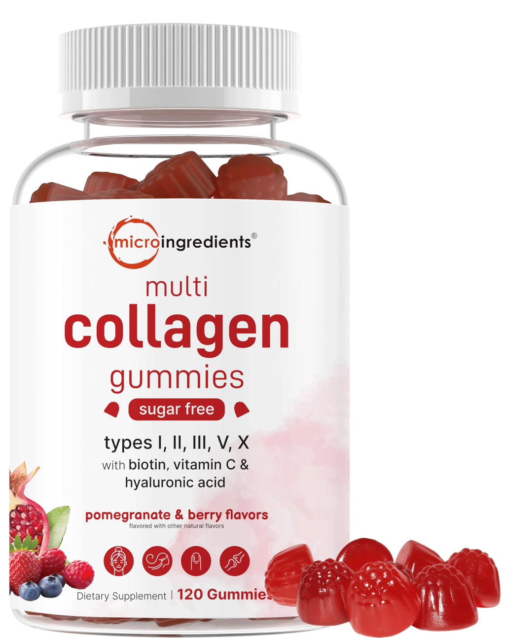 Micro Ingredients Multi Collagen Peptides, 120 Collagen Gummies | Type I,II,III,V,X Protein with Biotin, Hyaluronic Acid, & Vitamin C Complex | Pomegranate & Berry Flavored