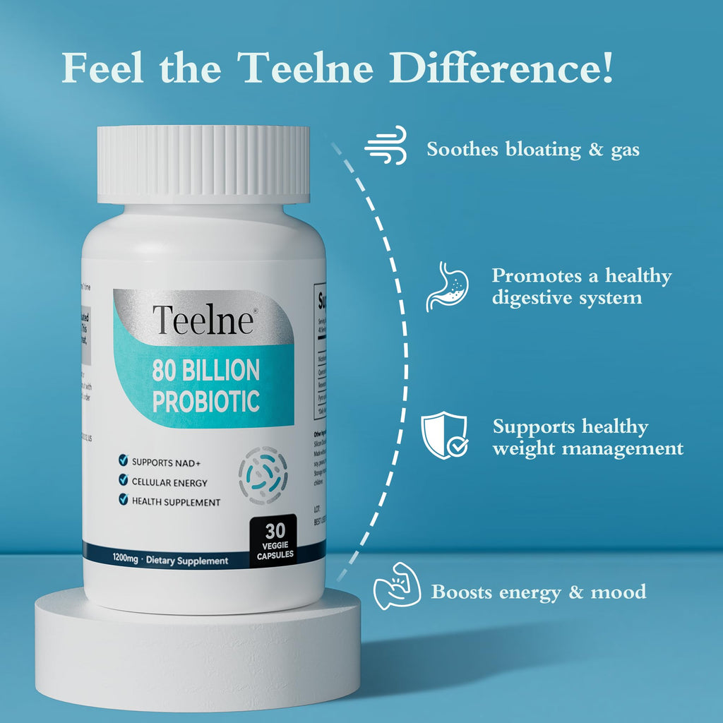Teelne Probiotics 80 Billion CFU - 10 strains, Prebiotic+ Probiotics Support Digestive & Gut Health, Bloating & Constipation Relief, 30 Capsules (30-Day Supply) Teelne Au supplements