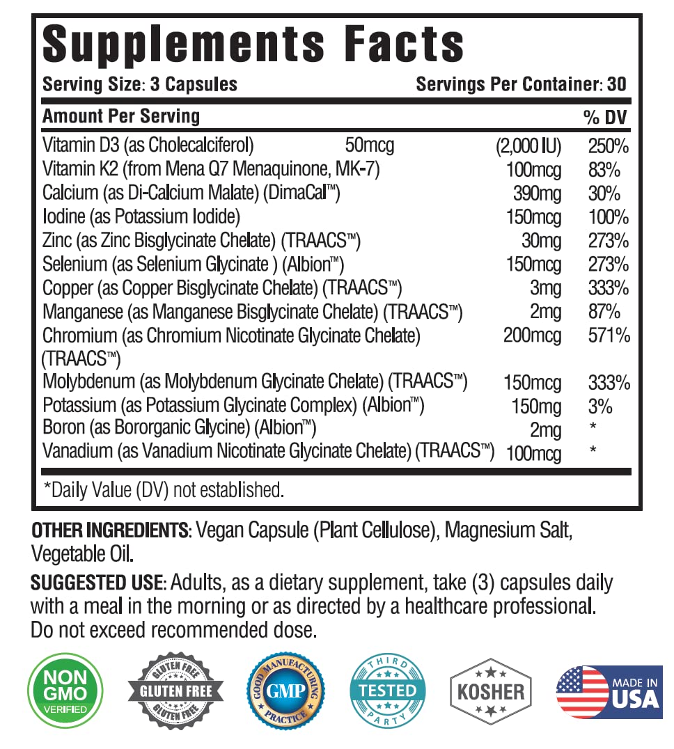 KAPPA NUTRITION (90 Capsules,Vitamin K2, Vitamin D3, Zinc, Selenium, Vanadium, Copper, Manganese, Potassium, Molybdenum, Calcium, Chromium, Iodine, Boron,