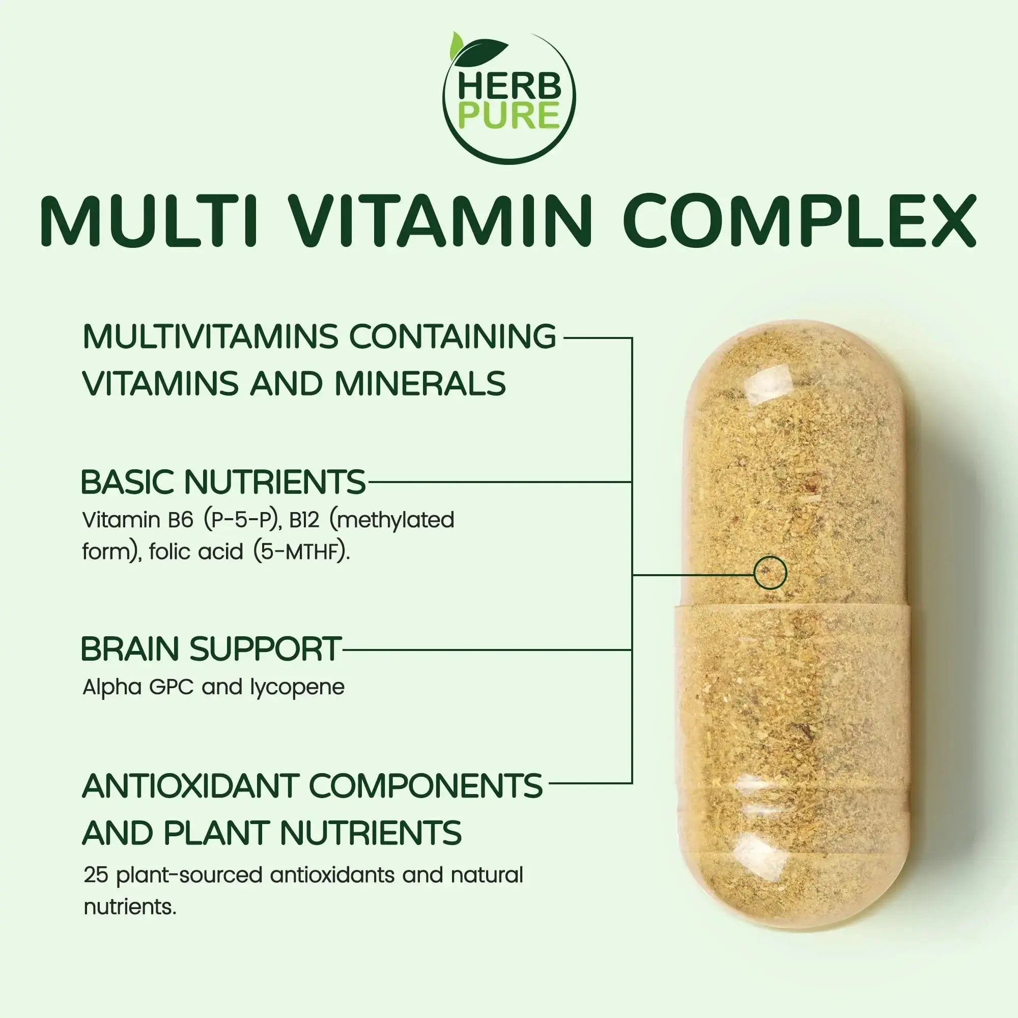 HERB PURE Multi Vitamin Complex Daily Multivitamin for Men and Women – 28 Essential Vitamins & Minerals with Active Vitamins, Superfood Blend, Alpha GPC HERB PURE Au supplements