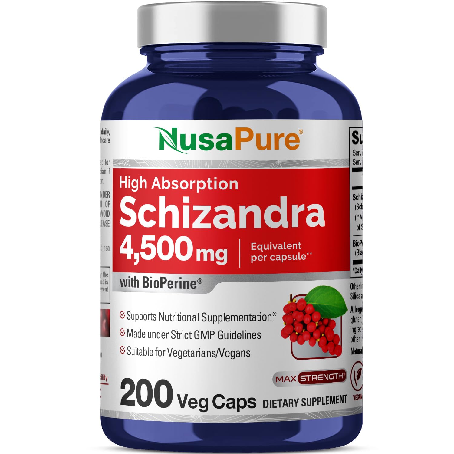 NusaPure Schizandra Berries 20:1 Extract, 225 mg Equivalent to 4500mg, 200 Vegan Capsules (Non-GMO, Bioperine) NusaPure Au supplements