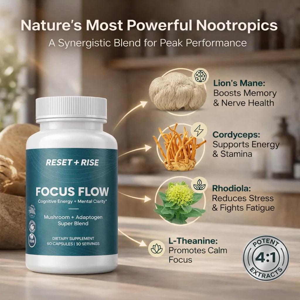 Nootropic Brain Supplement with Lion’s Mane Mushroom, Cordyceps & Rhodiola Rosea Extract - Focus and Energy Supplement, Adaptogen for Brain Health, Mental Clarity, Memory & Mood Support - 60 Capsules Reset+Rise Au supplements