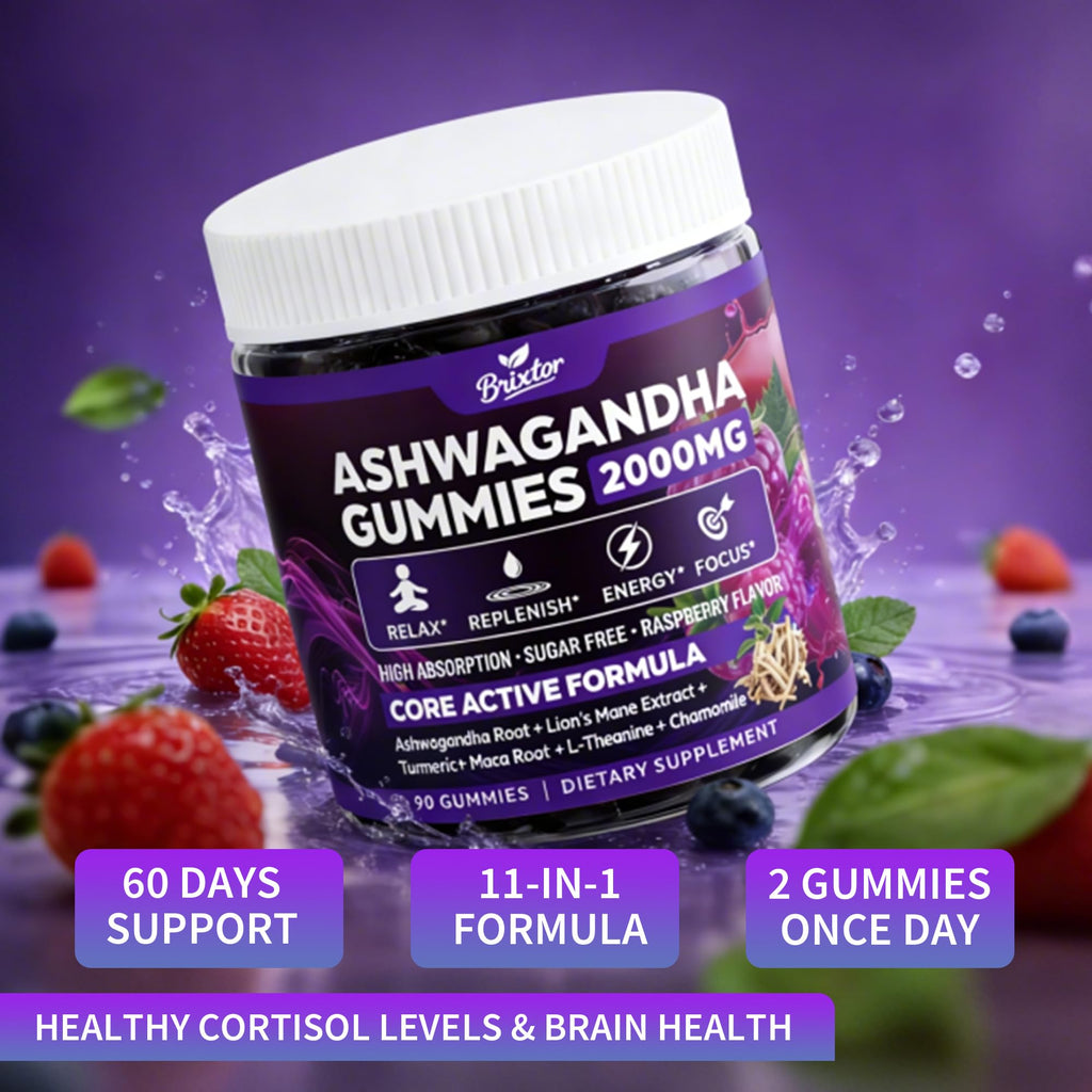 Ashwagandha Gummies - 2000MG Organic Ashwagandha & Lions Mane Gummies for Adults with Vitamin D3 B12, L-Theanine, Cortisol Supplements for Women & Men, Sugar-Free, Vegan, Berry Flavor - 90 Counts Brixxlor Au supplements