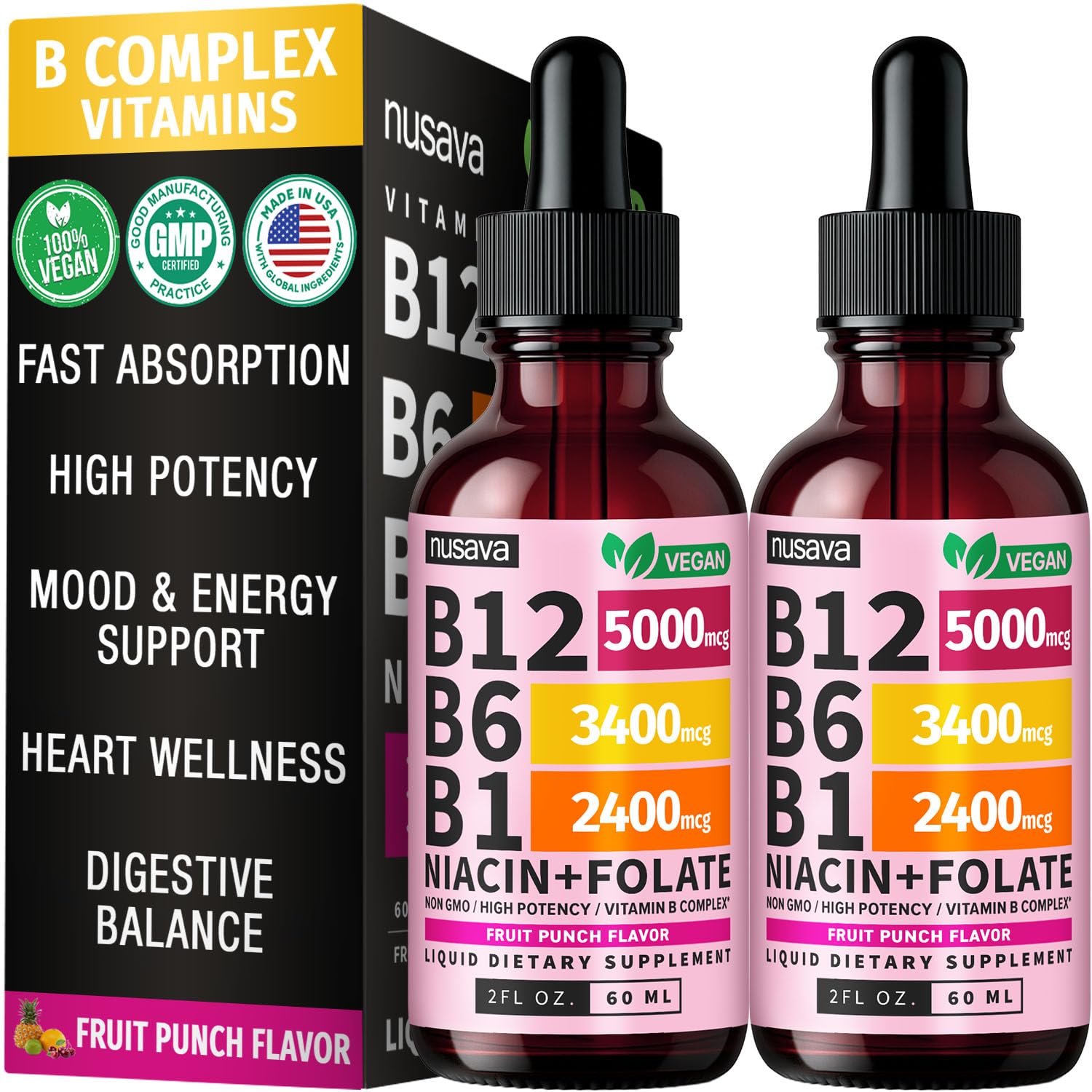 (2 Pack) Vitamin B12 and B6 Liquid Drops, B12 Sublingual Vitamin B Complex - B 12 Vitamin 5000mcg - B12 Methylcobalamin for Energy, Brain, and Heart Support