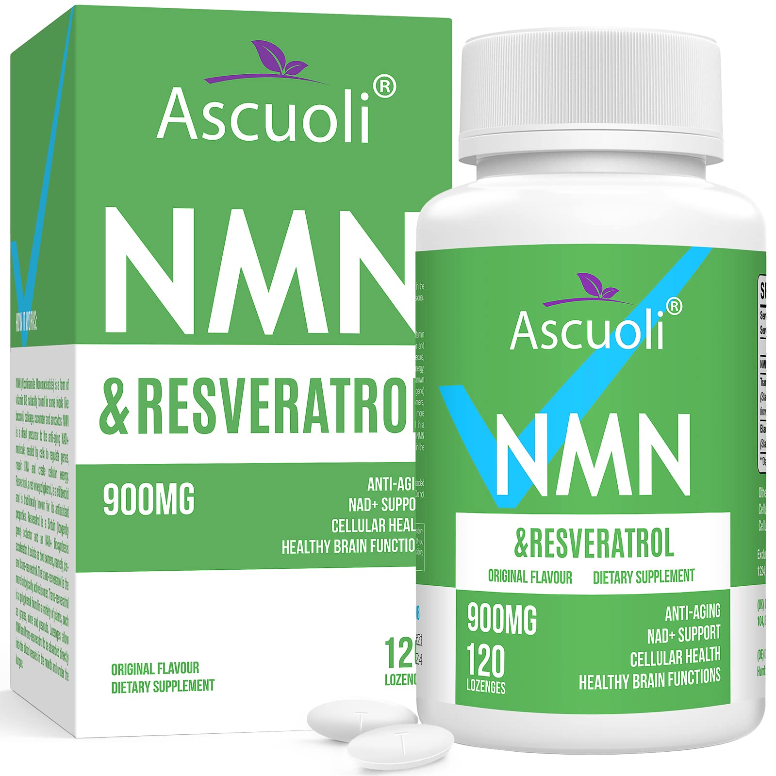 Sublingual NMN 500mg + Trans-Resveratrol 400mg, 3-in-1 Advanced Formula 99% Pure NMN Resveratrol Supplement for Boost* NAD, Cell, Immune, Energy & Muscle, Anti-Aging, 120 Lozenges (120-Day Supply) Ascuoli Au supplements