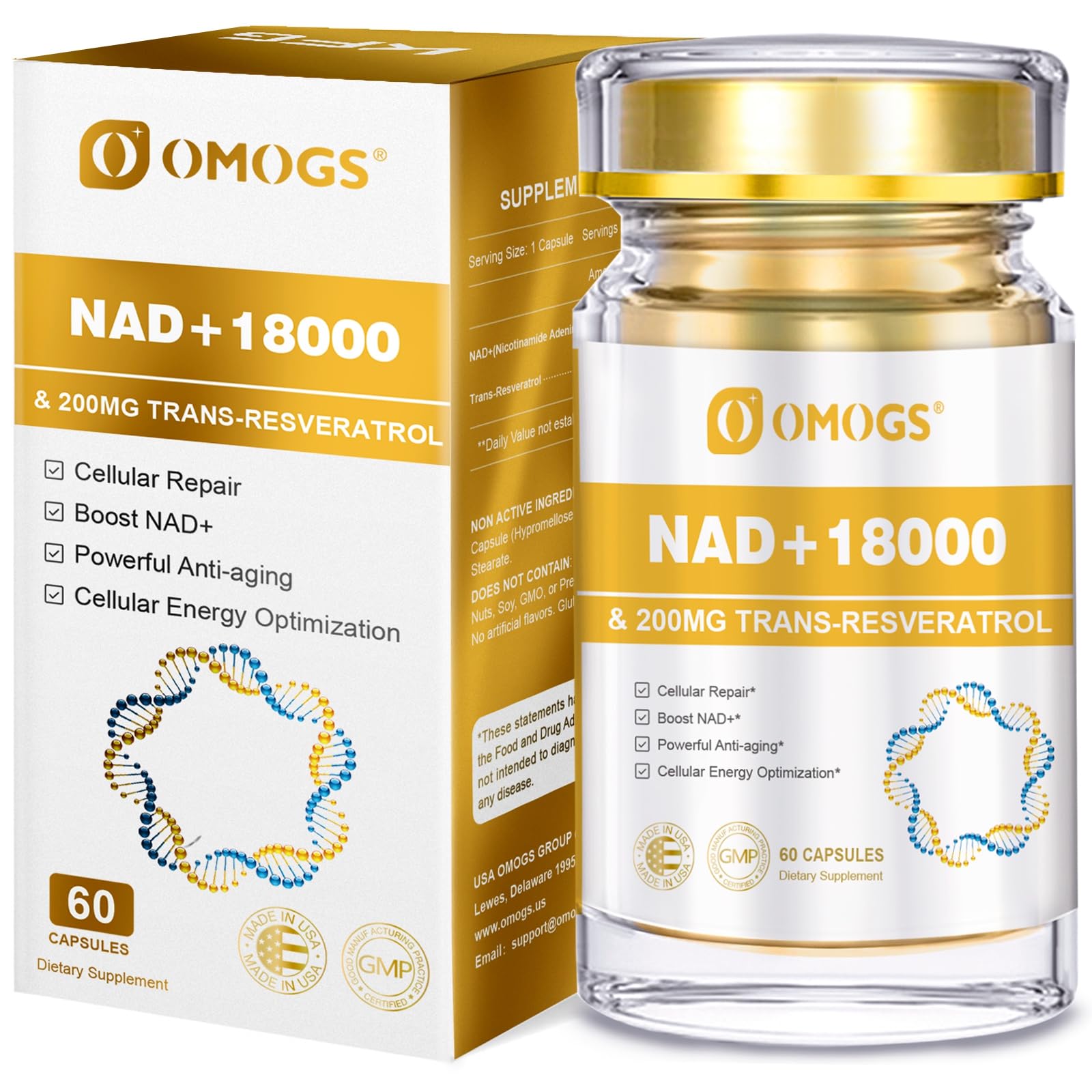 OMOGS NAD+ 300 mg + Trans-Resveratrol 200 mg, Pure NAD Supplement, Max Absorption, Boosting Supplement for DNA Repair, Healthy Aging, Cellular Energy & Longevity, 60 Capsules OMOGS Au supplements