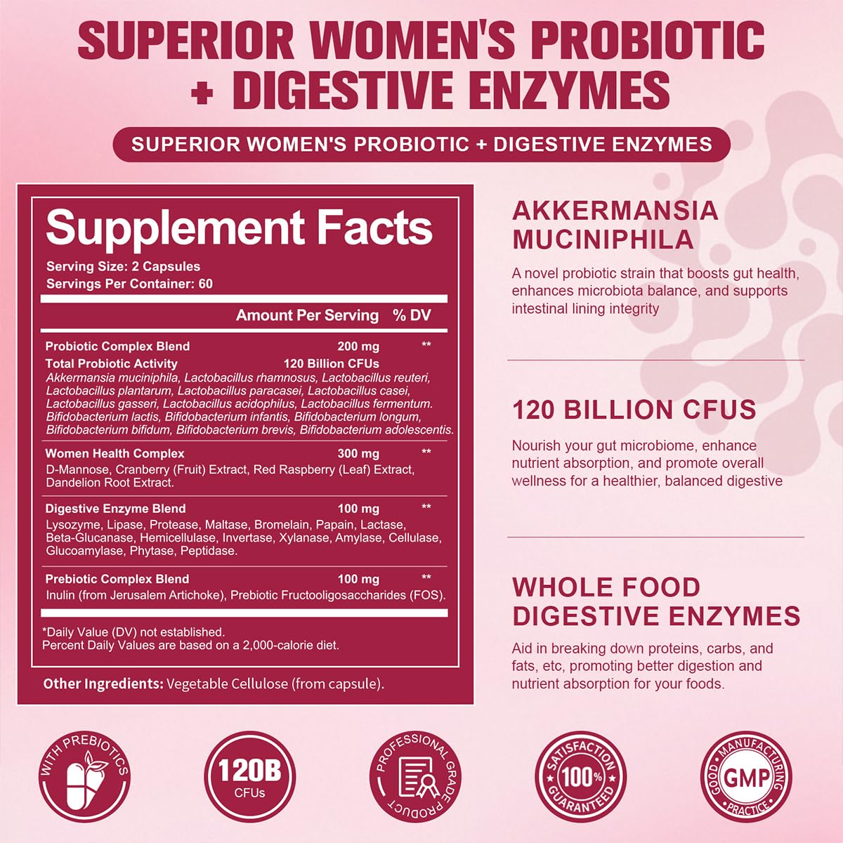 Totaria Probiotics for Women, 120 Billion Women Probiotic, with Akkermansia, Digestive Enzymes & Prebiotics, Cranberry, D-Mannose, for Gut, Vaginal, Urinary