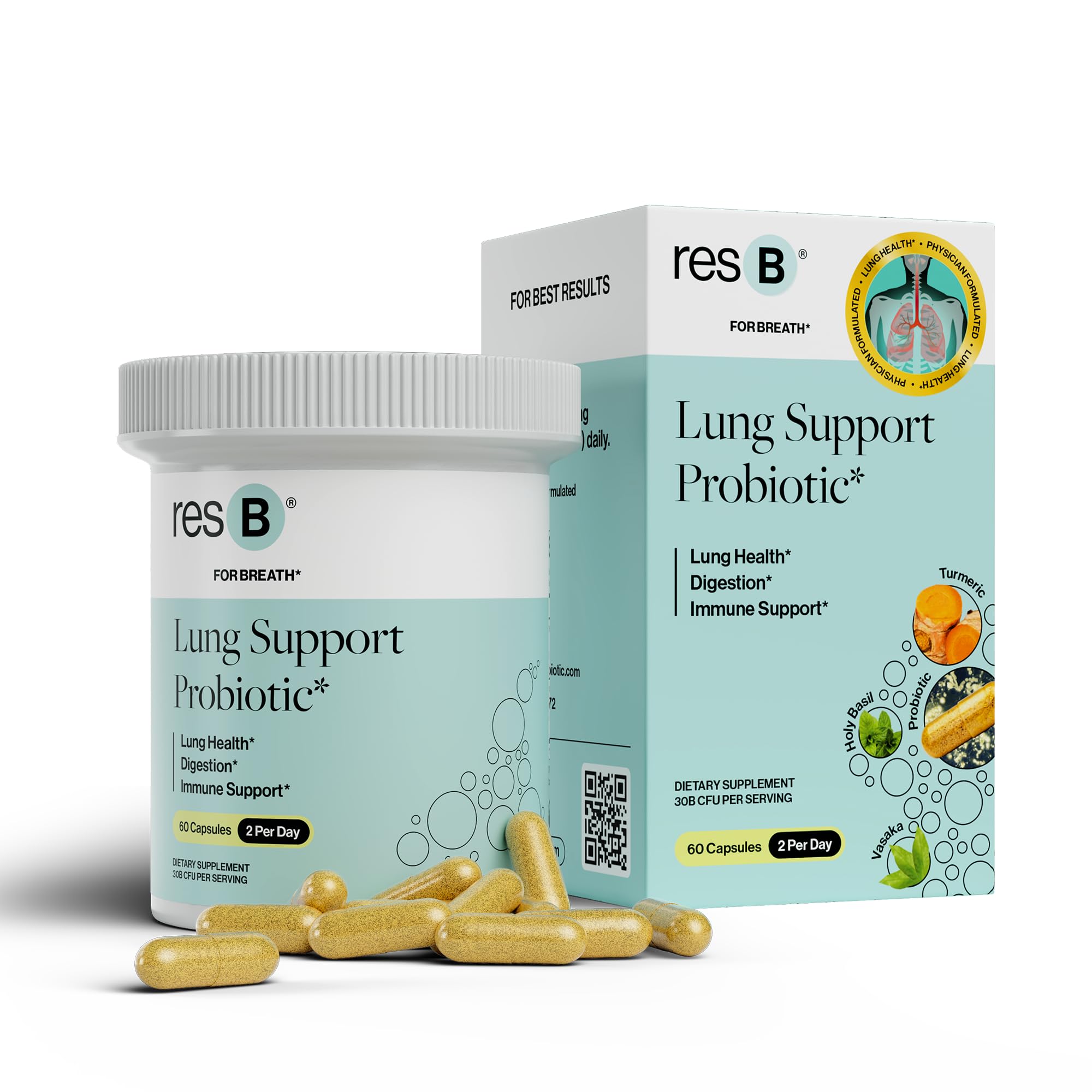 resB Lung Support Probiotic Supplement - Lung Health Supplement for Smokers, Gut Health, Immune & Digestive Support, Respiratory Care, Holy Basil & Turmeric, Clinically Trialed - 60 Capsules ResBiotic Au supplements