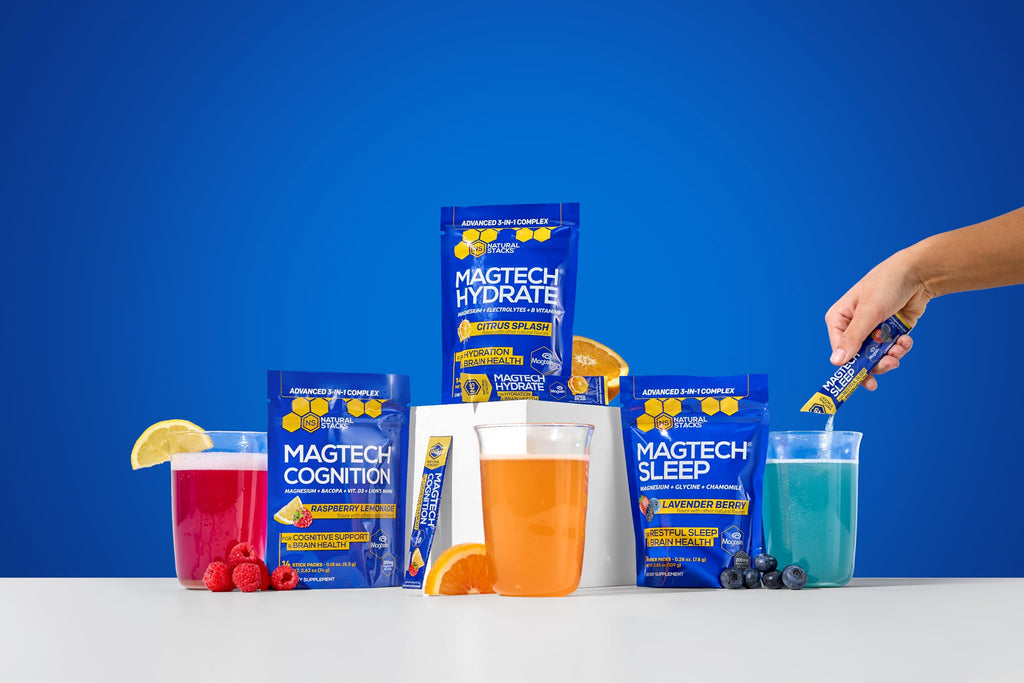 MagTech Magnesium Hydrate Packets - Sugar Free Hydration Powder - Magtein Magnesium L-Threonate, Glycinate & Taurate - 200mg Chelated Triple Complex - Supports Hydration & Brain Health* - 14 Servings NATURAL STACKS Au supplements