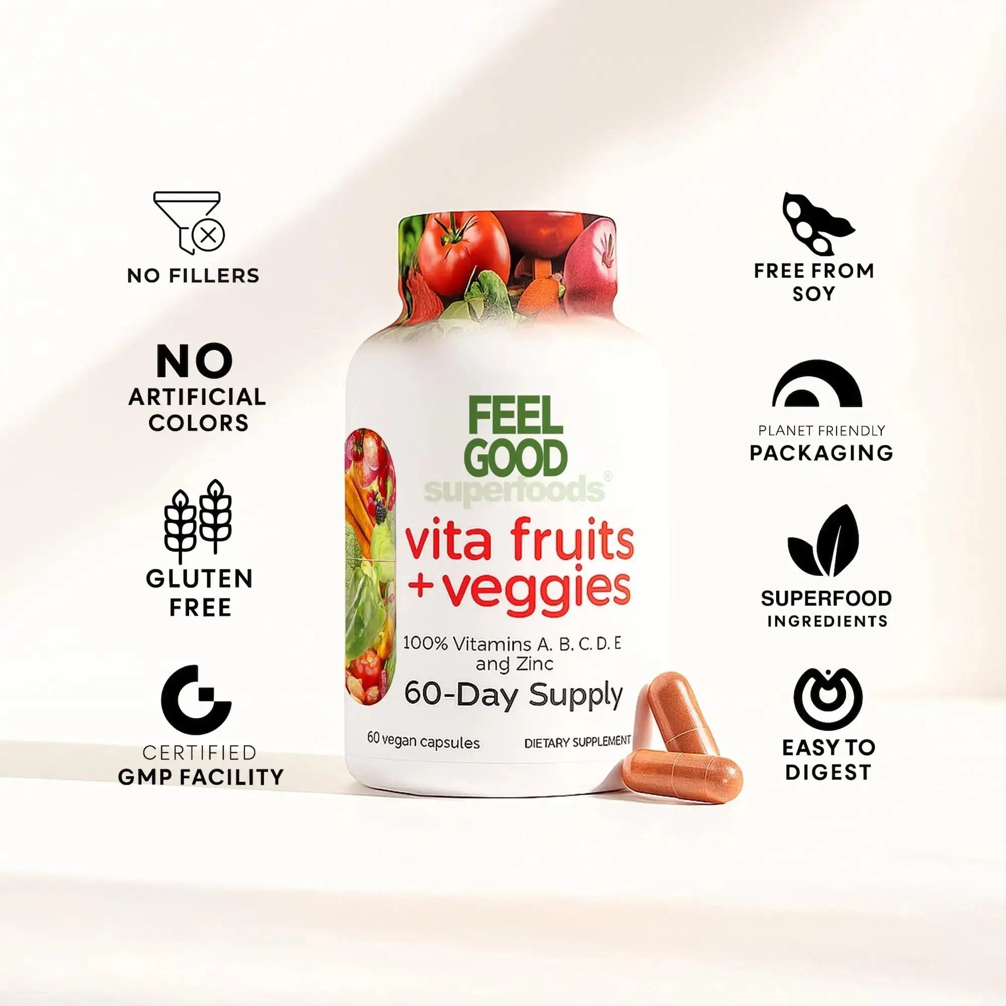 FeelGood Superfoods Vita Fruits and Veggies Capsules - 25 Superfood Ingredients, Fruit and Vegetable Multivitamin, 60 Count FeelGood Superfoods Au supplements