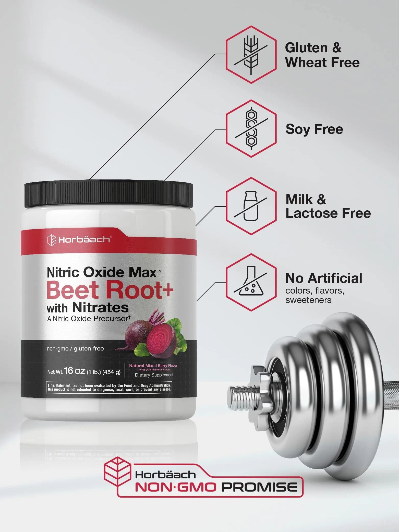 Nitric Oxide Beet Root Powder | 16 oz (454g) | Natural Mixed Berry Flavor | with Nitrates Horbäach Au supplements