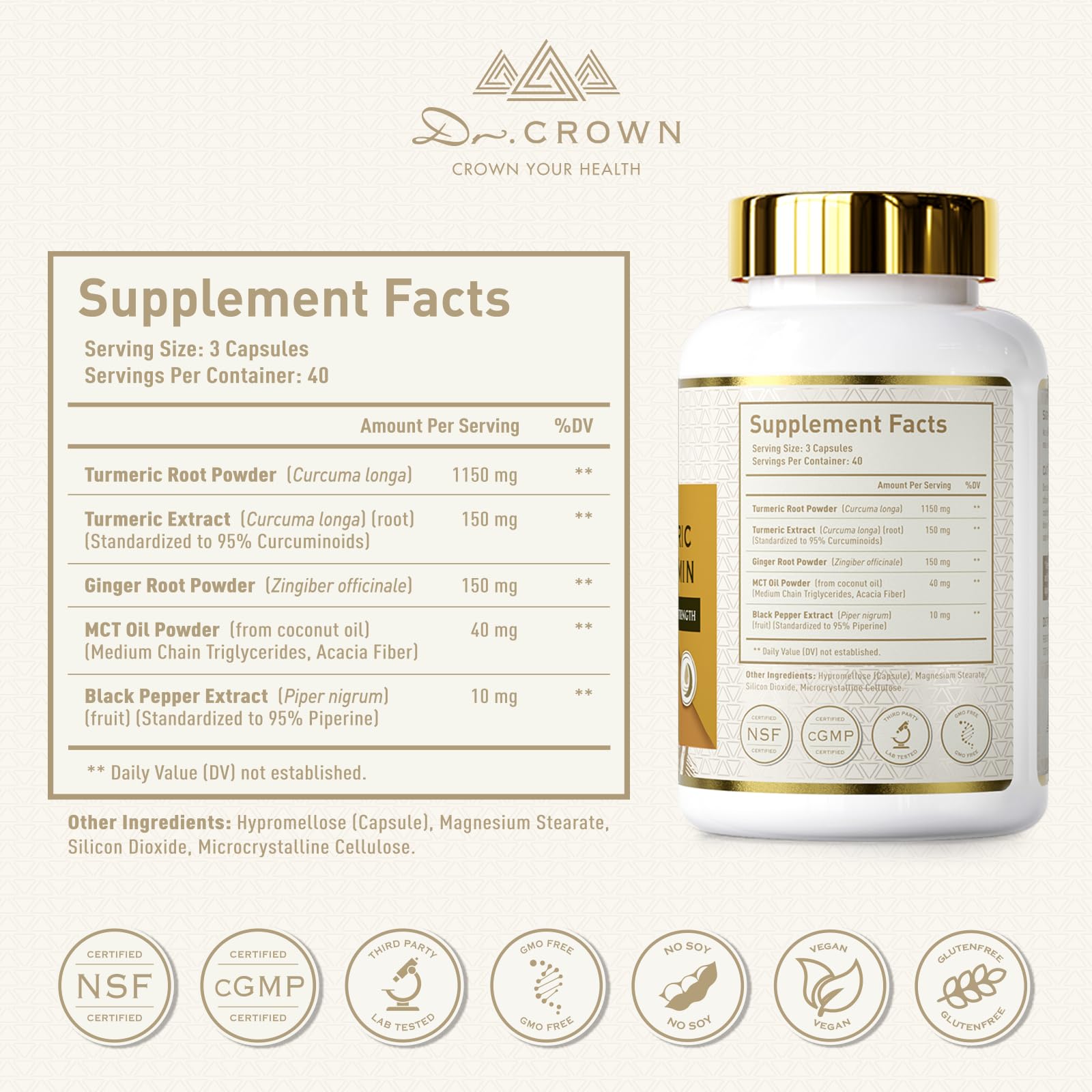 DR. Crown Turmeric Curcumin Supplement 1,500mg, 95% Standardized Curcuminoid with Ginger, MCT Oil, & Black Pepper for Better Absorption, for Antioxidant & Joint Support, 120 Capsules DR. CROWN Au supplements