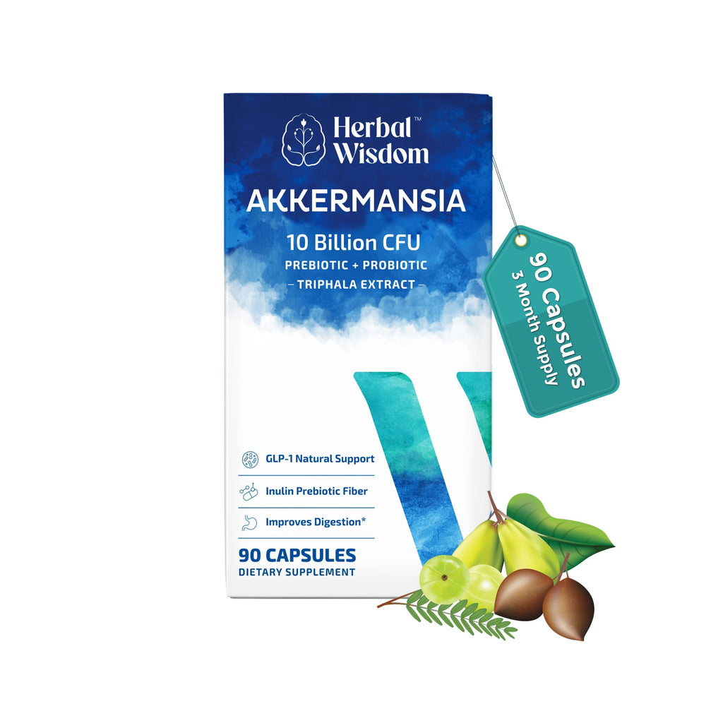 Herbal Wisdom Akkermansia Probiotic 10 Billion CFU - Advanced Support, Probiotic+Prebiotic | for Gut & Metabolism Support - No Bloating | with Inulin & Triphala