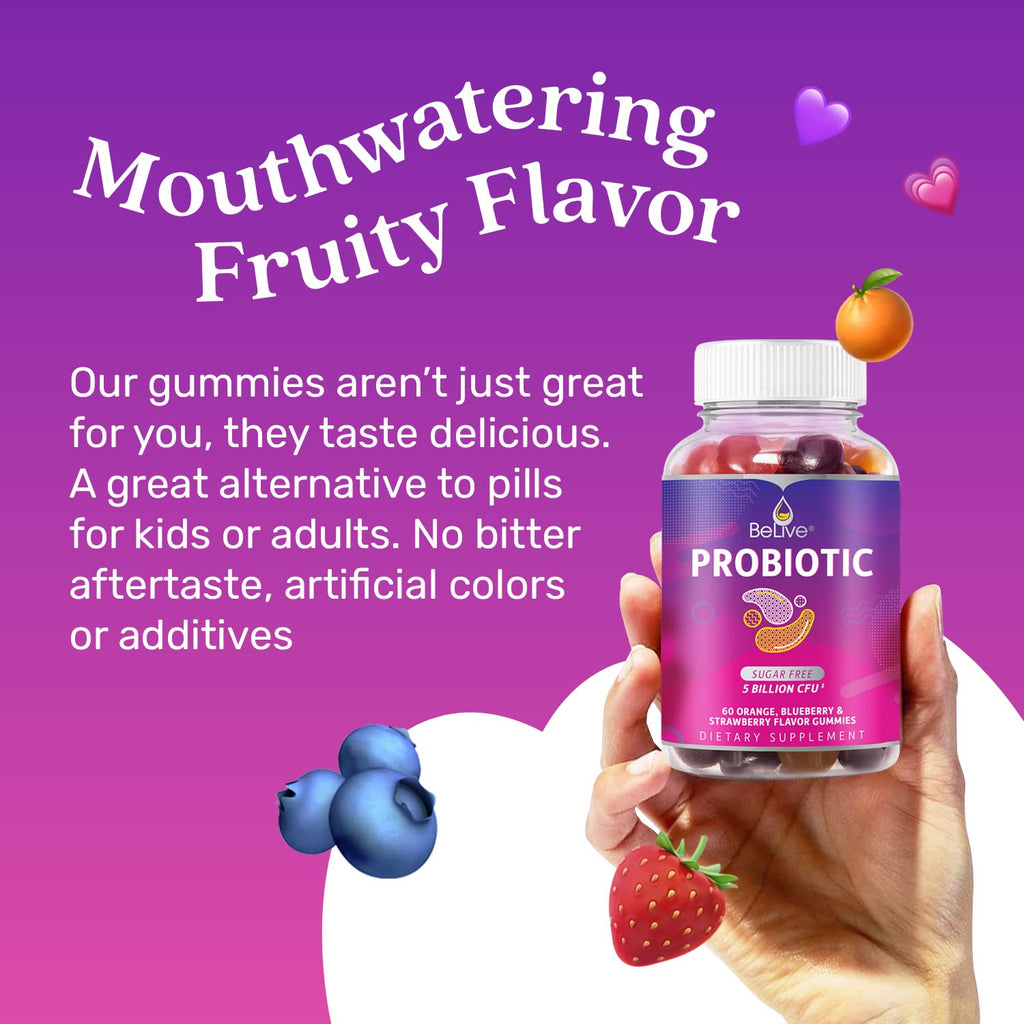 BeLive Probiotic Gummies - Probiotics with 5 Billion CFUs for Digestive Health, Men, Women & Kids - for Immune Support, Sugar Free & Vega