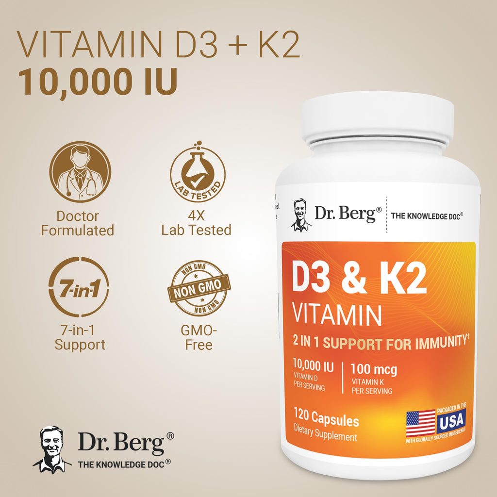 Dr. Berg Maximum Strength 2-in-1 Vitamin D3 K2 10,000 IU | Naturally Derived D3 | 4X Lab-Tested & Verified | High Absorption Formula