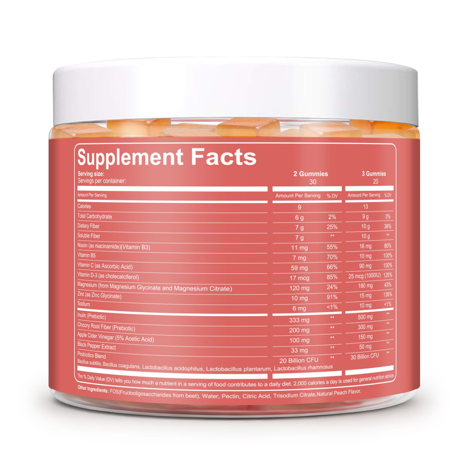 Migcopat 10G Fiber Gummies for Adults with Vitamins C, D, B3, B5 - Digestive & Gut Health Gummies with 30 Billion CFU Probiotics Blend, Inulin, ACV, Magnesium, Zinc