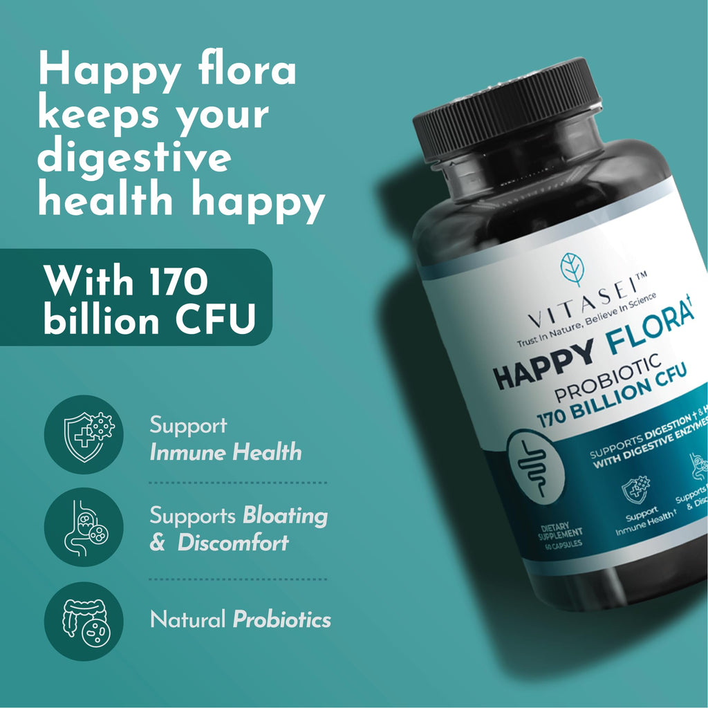 VITASEI Happy Flora, Probiotic Supplement 170 Billion CFU for a Healthy Gut Health with enzymes for Digestion, probiotics for Women and Men, 1 Bottle - 60 Capsules VITASEI Au supplements