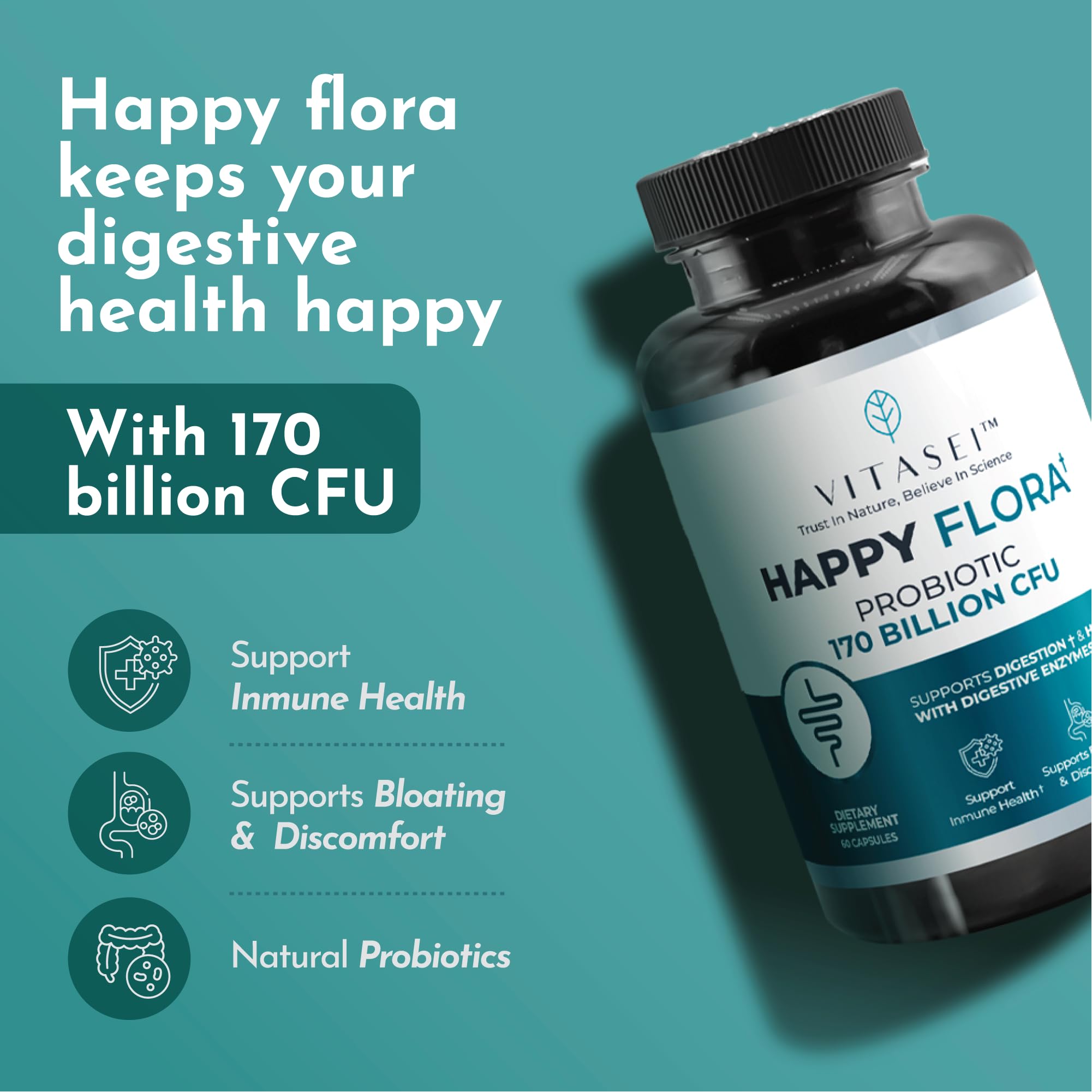 VITASEI Happy Flora, Probiotic Supplement 170 Billion CFU for a Healthy Gut Health with enzymes for Digestion, probiotics for Women and Men, 1 Bottle - 60 Capsules VITASEI Au supplements