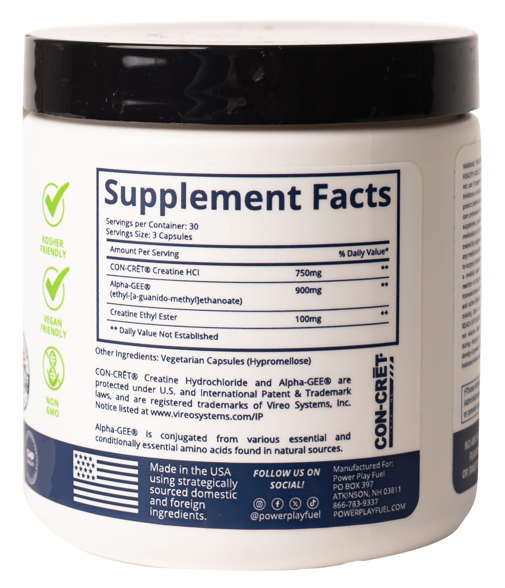CREATINE HCl + Recovery Capsules for Men and Women, Muscle & Brain Health, Cognitive Function, Immune Support - 90 Vegetable Capsules POWER PLAY FUEL Au supplements