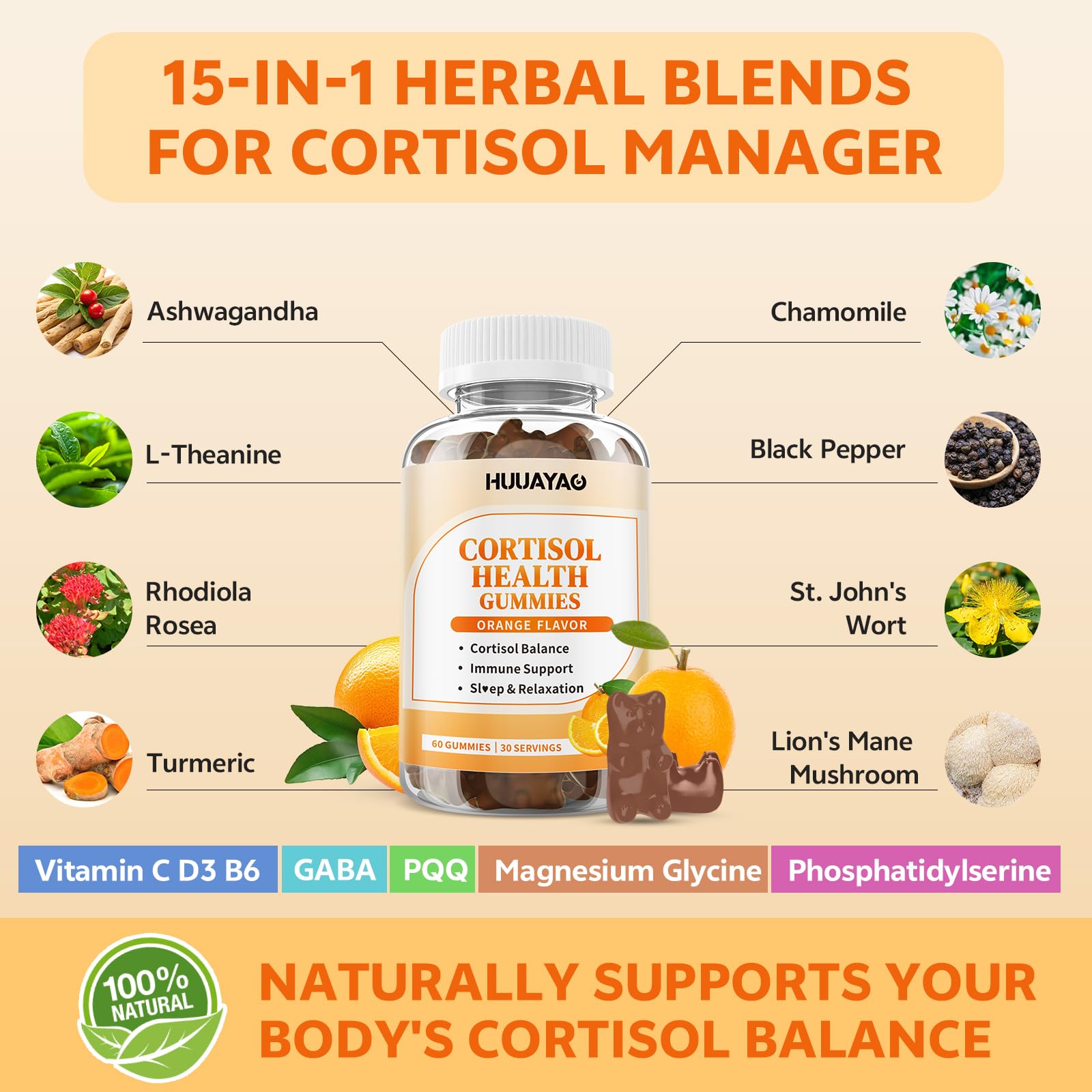 15-in-1 Cortisol Gummies, Cortisol Supplements with Magnesium Glycinate Ashwagandha Rhodiola Rose and L-theanine Complex for Relaxation, Zzz Support and Cortisol Levels, Orange Flavor, 60 Count HUUAYAO Au supplements