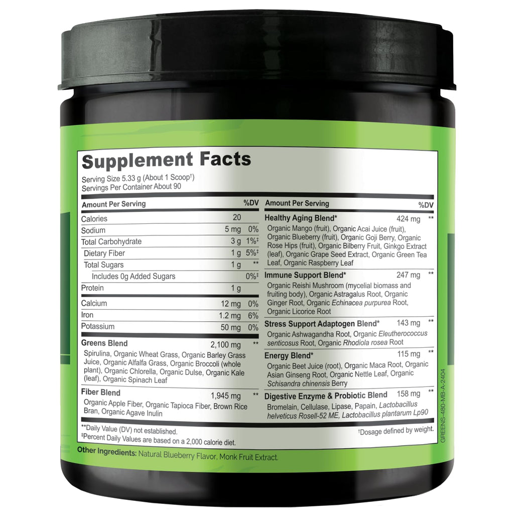 NATURELO Raw Greens Superfood Powder 480 Grams, Mixed Berry - Supports Energy, Immunity and Detox - Includes Spirulina, Wheat Grass and Organic