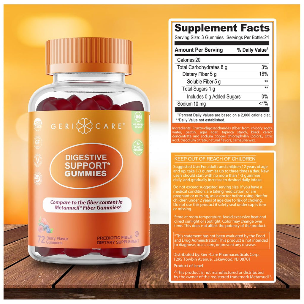 GeriCare Prebiotic Digestive Support, Gummies Compare to Metamucil Fiber Gummies, Berry Flavor, 72 Count, Plant-Based Fiber for Gut Health, Non-GMO,