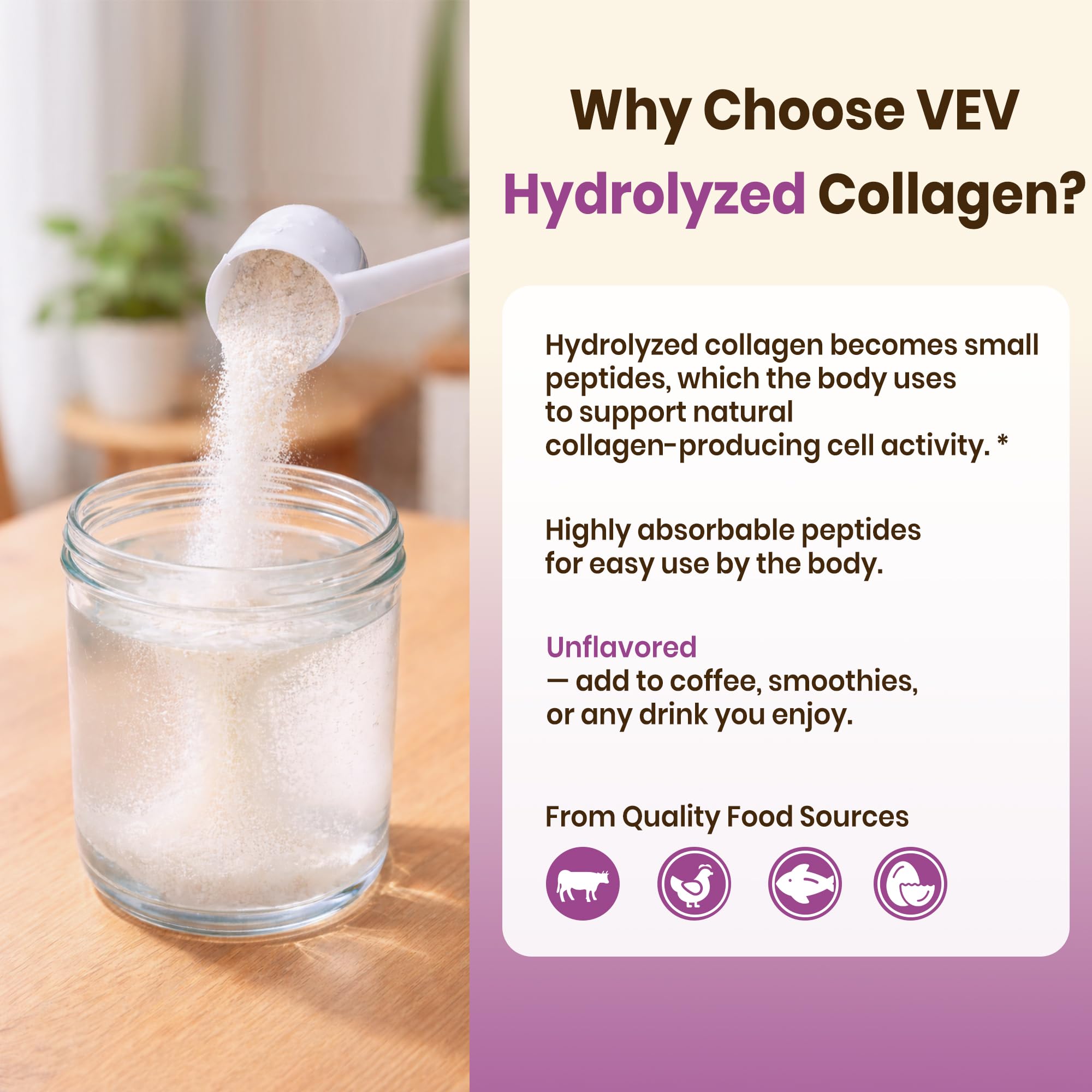 VEV Multi Collagen Peptides Powder, 16 oz (41 Servings) – Type I, II, III, V, X, Hydrolyzed Collagen, Hyaluronic Acid, Biotin, Vitamin C