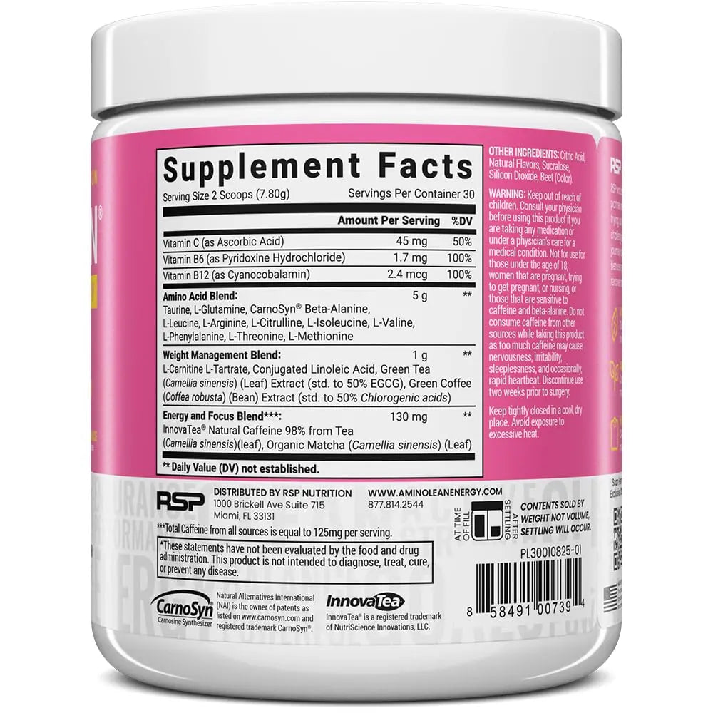 RSP NUTRITION AminoLean Pre Workout Powder, Amino Energy & Weight Management with Vegan BCAA Amino Acids, Natural Caffeine, Preworkout Boost for Men & Women, 30 Serv, Pink Lemonade… RSP NUTRITION Au supplements