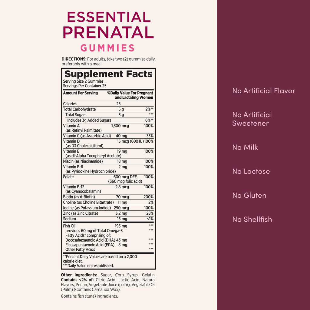 Nature's Bounty Optimal Solutions Essential Prenatal Gummies, Folic Acid and Iodine, Omega 3 and DHA, 50 Count