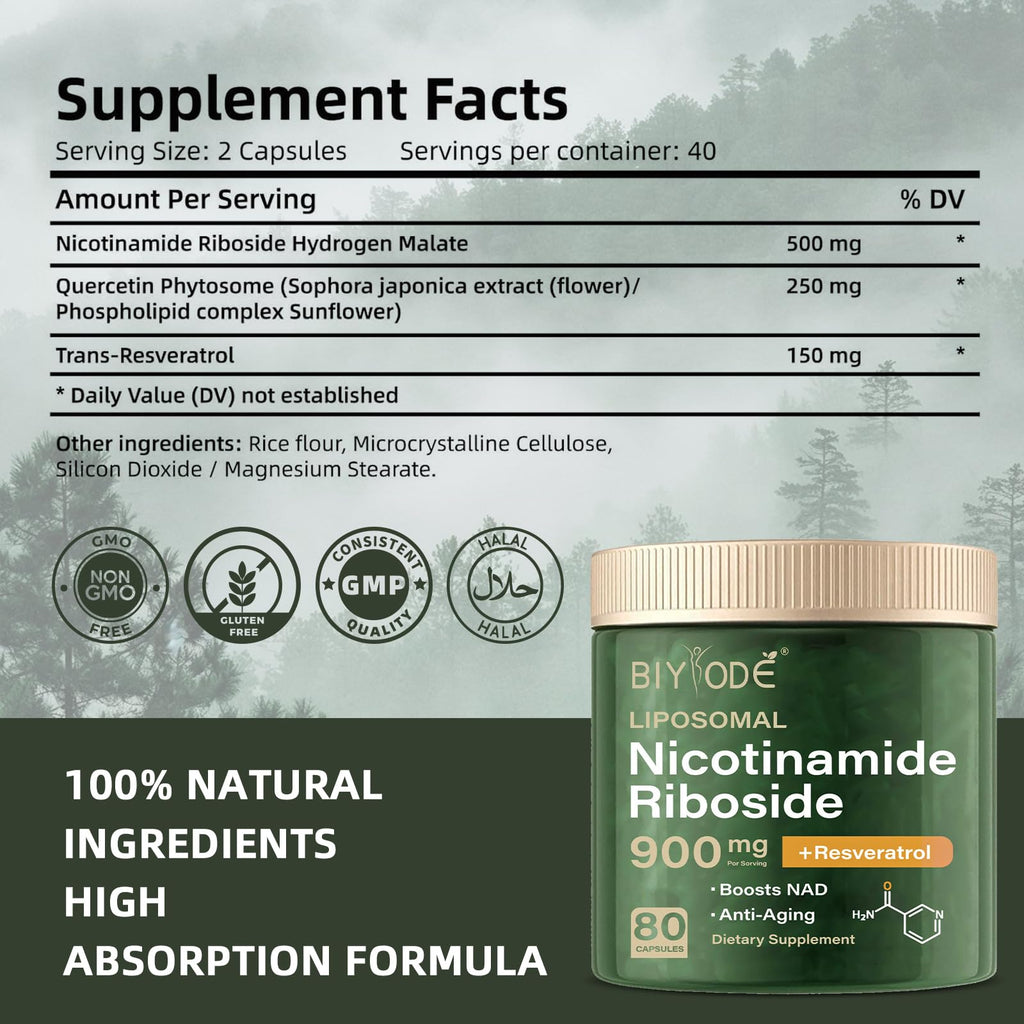 NAD Supplement with Liposomal Resveratrol – 900mg NAD Booster with Quercetin Phytosome for Energy, Focus & Healthy Aging – Cellular Support for Adults 30+ – 80 Capsules, 40-Day Supply BIYODE Au supplements