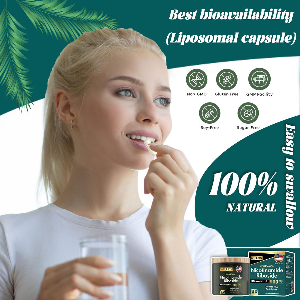 Willbin Liposomal NAD+ Supplement, Nicotinamide Riboside with Resveratrol, NAD Nicotinamide Riboside Boost Energy Focus Anti-Aging for Women & Men - 80 Vegan Capsules Willbin Au supplements