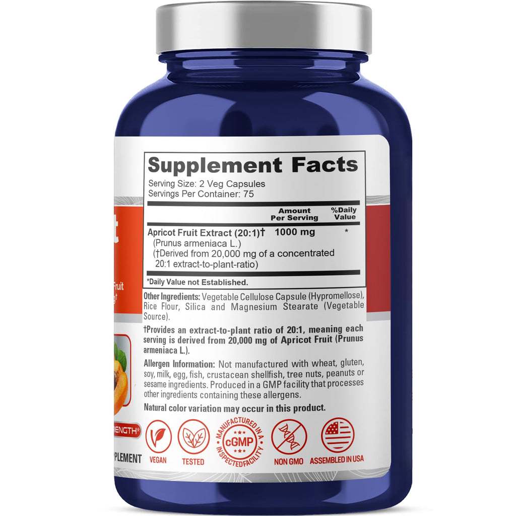 NusaPure Apricot 20:1 Extract, 1000 mg Equivalent to 20,000mg 150 Veggie Capsules (Vegan, Non-GMO) NusaPure Au supplements