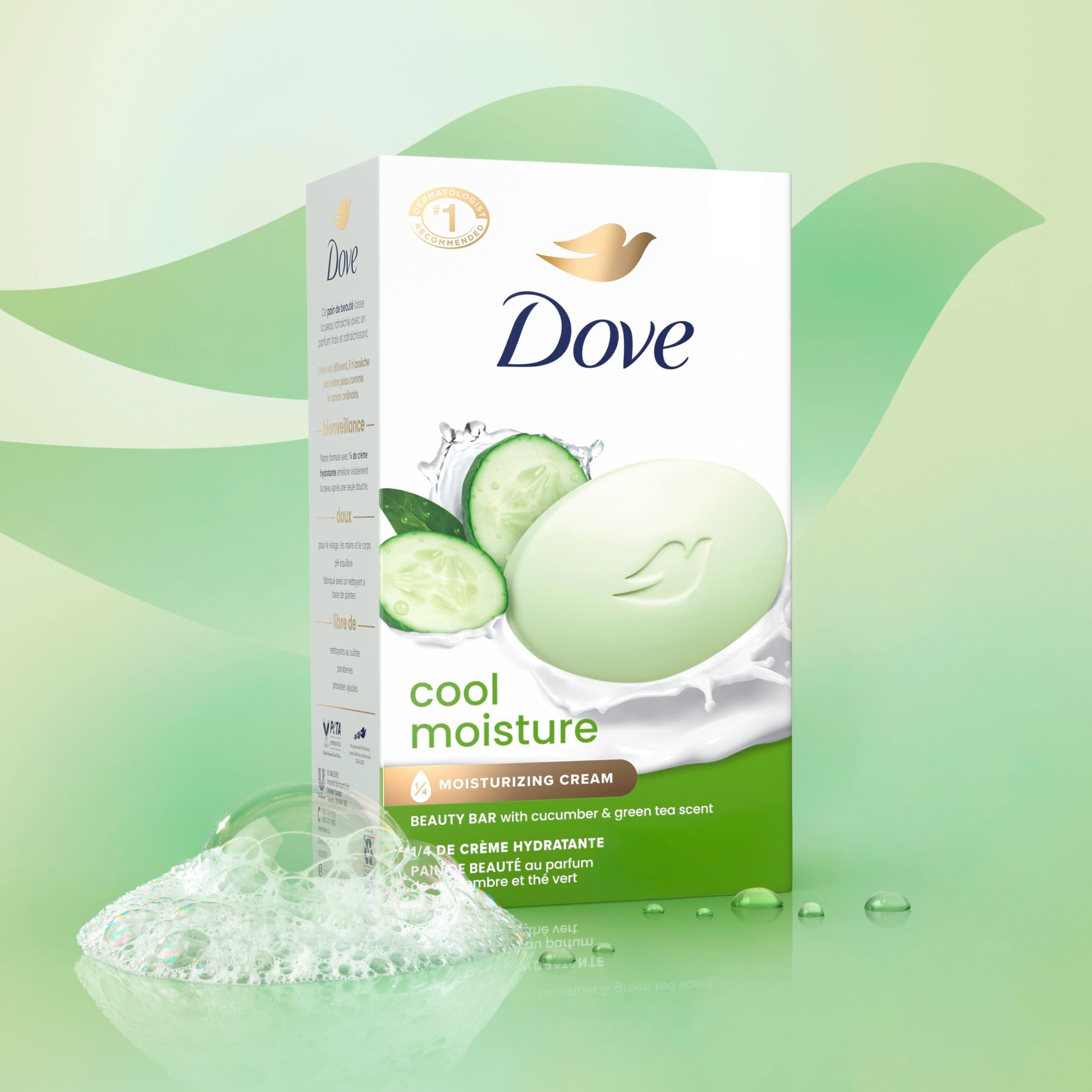 Dove Beauty Bar Soap Cool Moisture Cucumber & Green Tea Scent, 6 Bars for Refreshed Skin, Leaves Skin Refreshed 3.75 oz