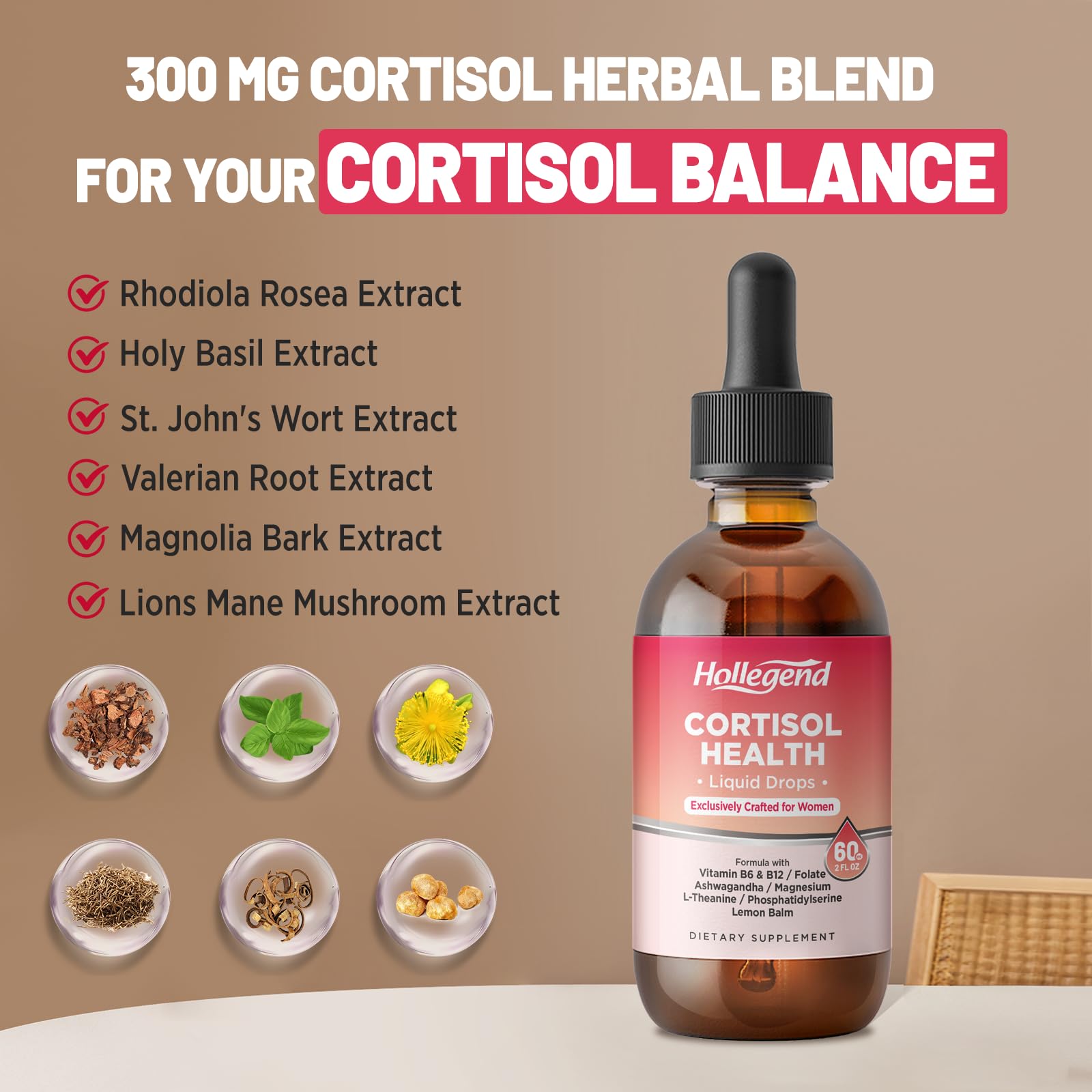 HOLLEGEND Cortisol Supplements for Women, Cortisol Wellness Liquid Drops, 16 in 1 Cortisol Detox Reducer w. Ashwagandha, Magnesium, L-Theanine, Folate for Relaxation & Hormone Balance, Strawberry HOLLEGEND Au supplements