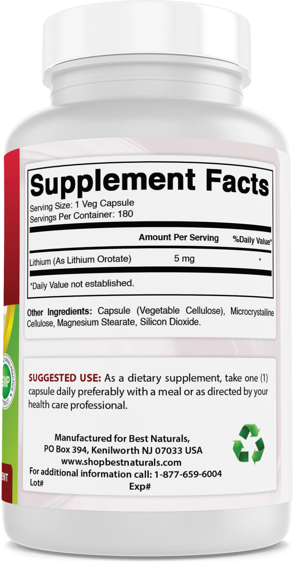 Best Naturals Lithium Orotate 5 mg 180 Capsules - Non GMO - Gluten Free