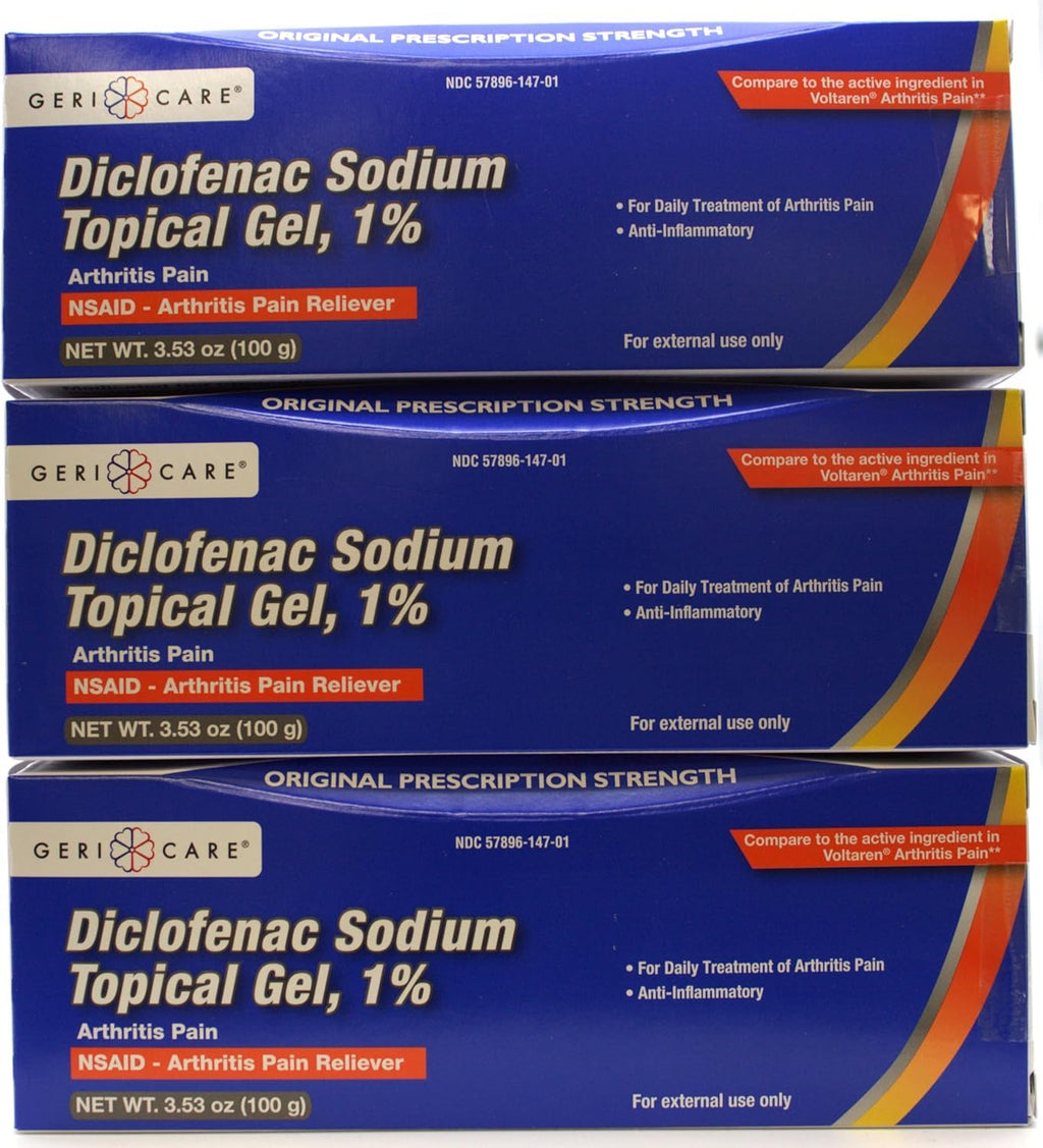 GeriCare Topical Arthritis Pain Relief Gel Diclofenac Sodium 1% (NSAID) Hand Wrist Elbow Foot Ankle Knee Extra-Strength Pain Reliever- Anti-inflammatory Arthritis Pain Treatment, 3.53oz (3 Pack) GeriCare Au supplements