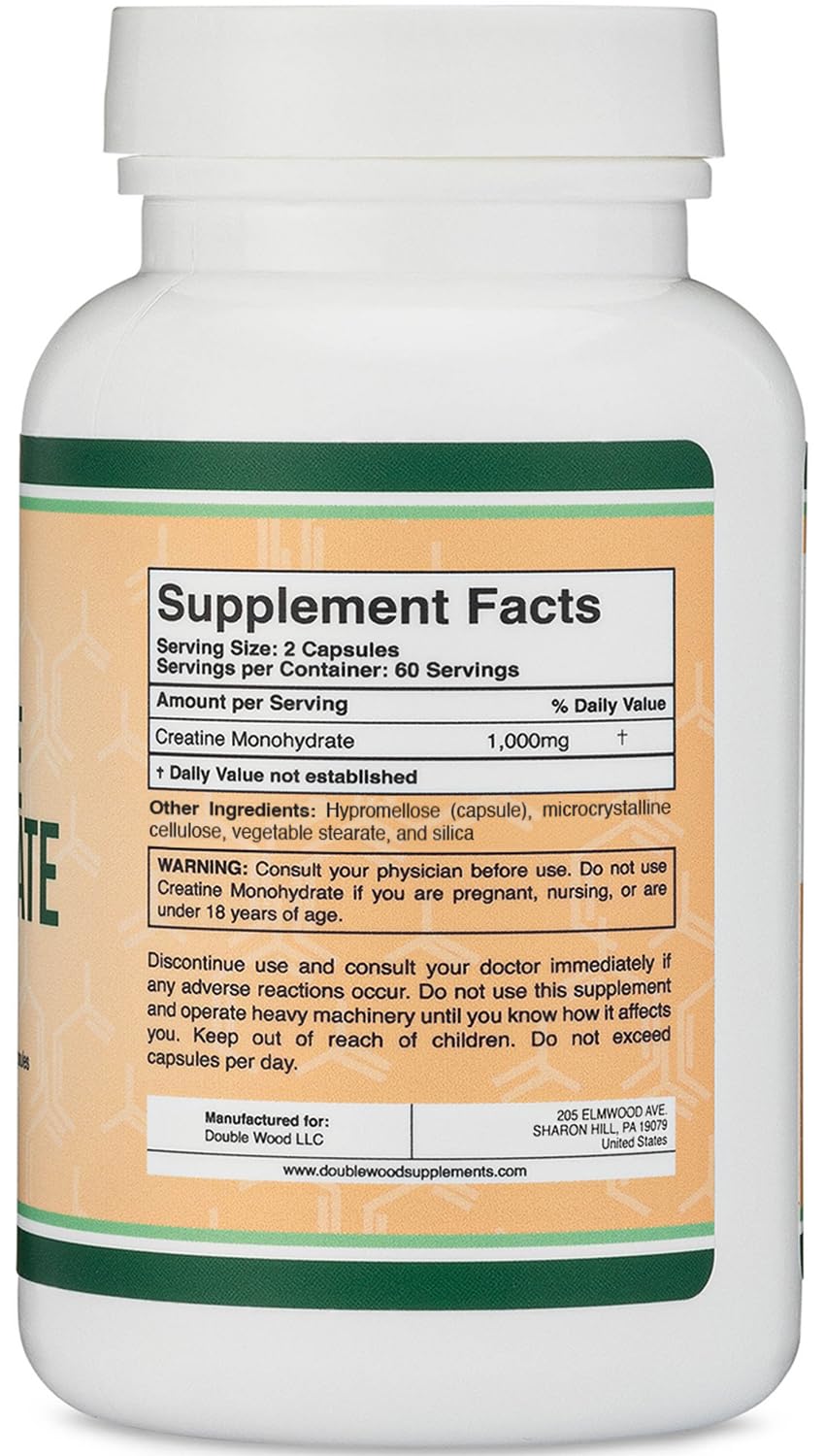 Creatine Monohydrate Capsules - 1g per Serving, 120 Count - No Fillers, Vegan Safe, Non-GMO, Gluten Free by Double Wood Double Wood Supplements Au supplements