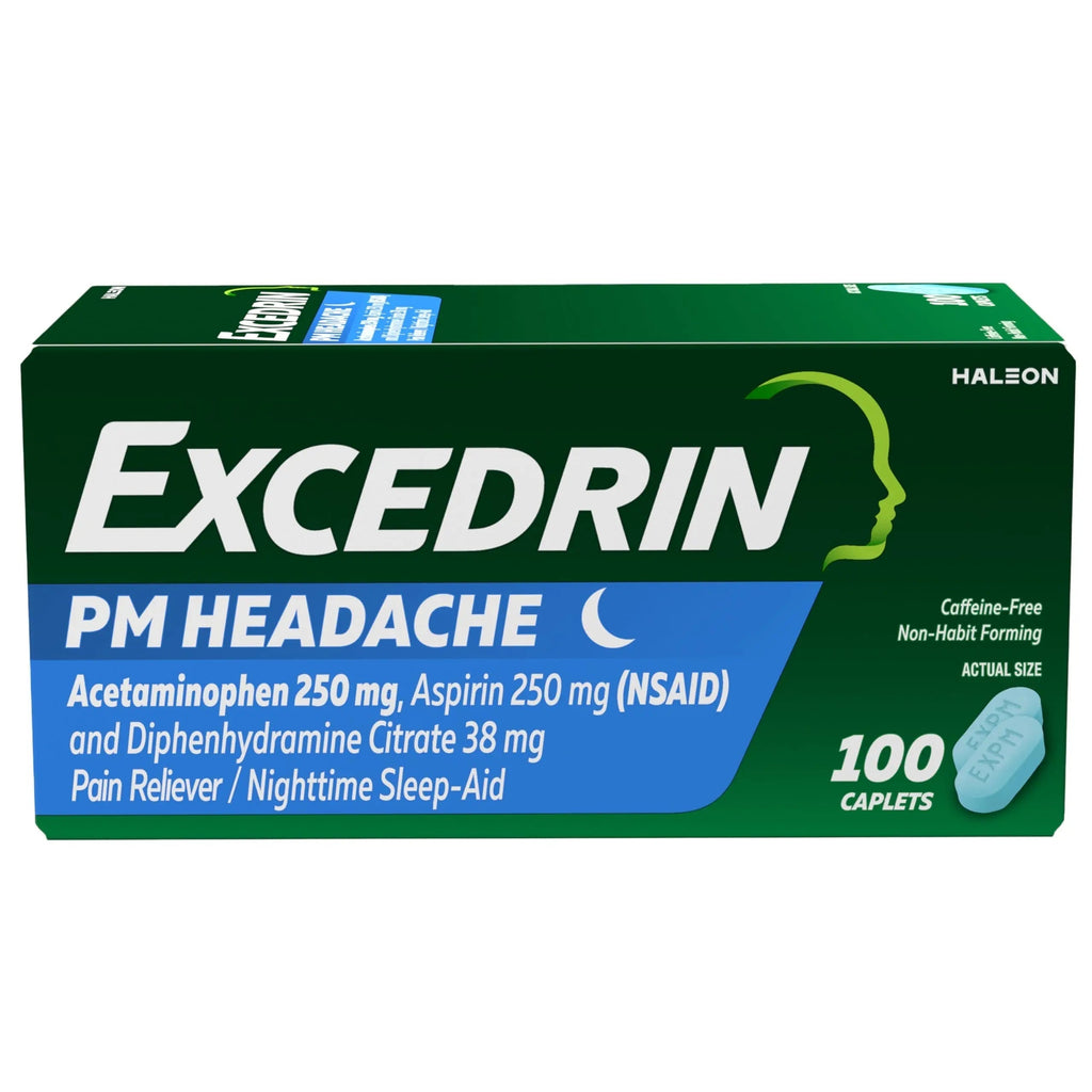 Excedrin PM for Headache Relief, Acetaminophen 250mg, Aspirin 250mg, Diphenhydramine Citrate 38mg, Pain Reliever, Nighttime Sleep-Aid, 100 Count Excedrin Au supplements