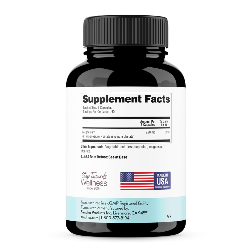 Sandhu's Magnesium Glycinate Lysinate | 120 Easy to Swallow Chelated Vegan Capsules | Magnesium Lysine Chelate Supplement for High Absorption | for Best Sleep, Leg Cramps, Relaxation Sandhu's Au supplements
