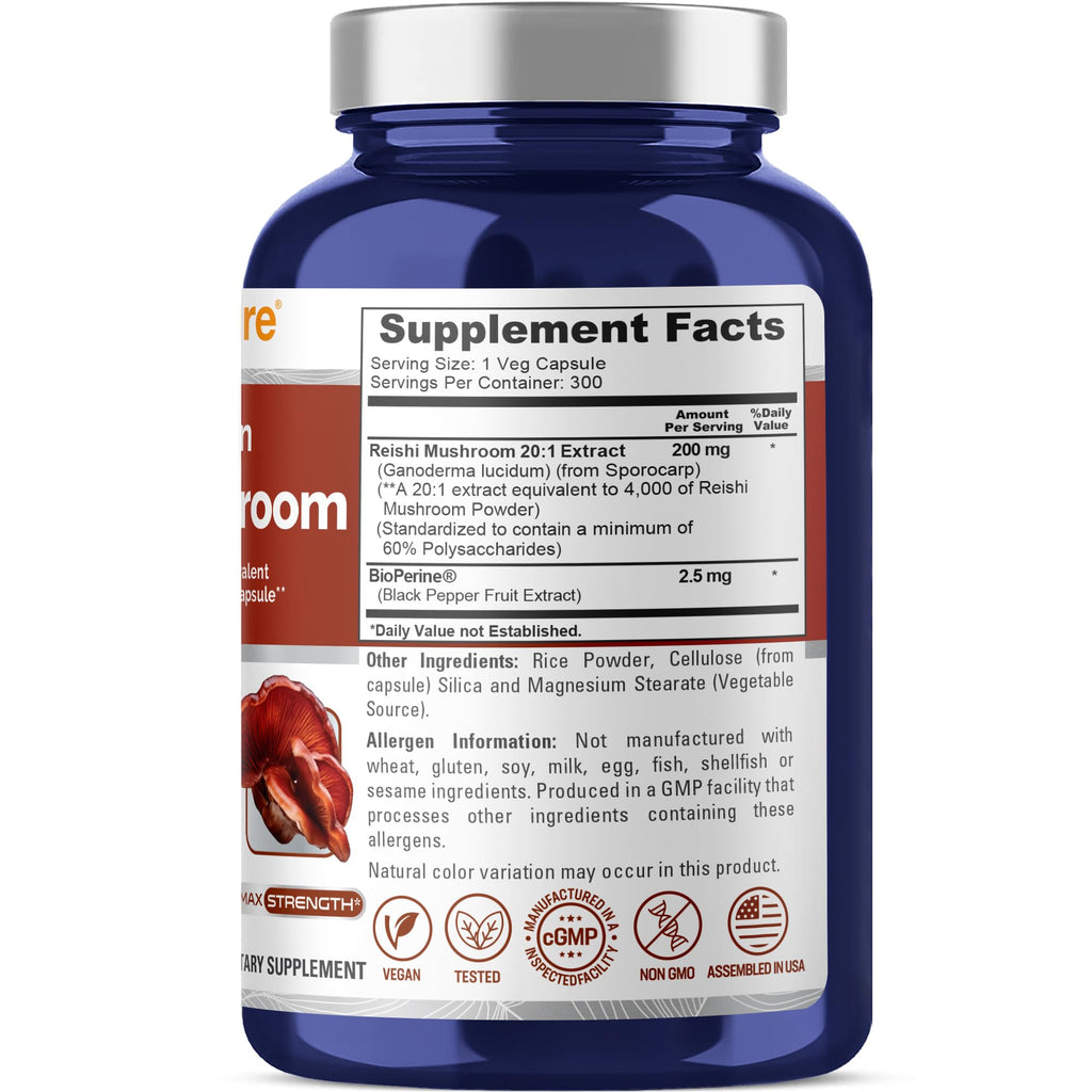 NusaPure Reishi Mushroom Extract 20:1 Extract, 200 mg Equivalent to 4000mg per Capsule 300 Veggie Caps Vegan, Non-GMO, Vegan NusaPure Au supplements