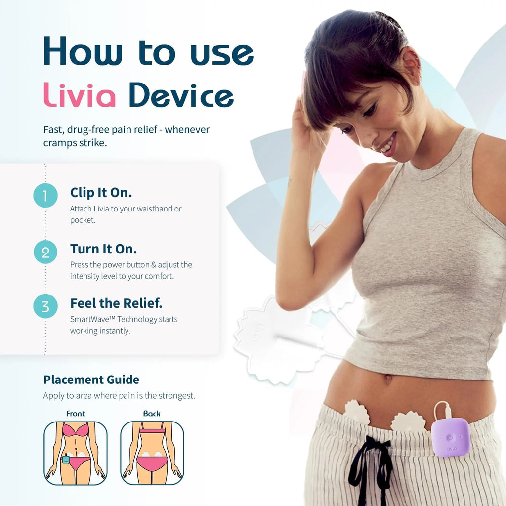 Livia Menstrual Pain Relief Device, Lavender – Off-Switch for Period Pain – Portable & Discreet – Rechargeable, Up to 8 Hours Battery – Complete Kit with Stick-On Pads – The Go-to Travel Partner Livia Au supplements